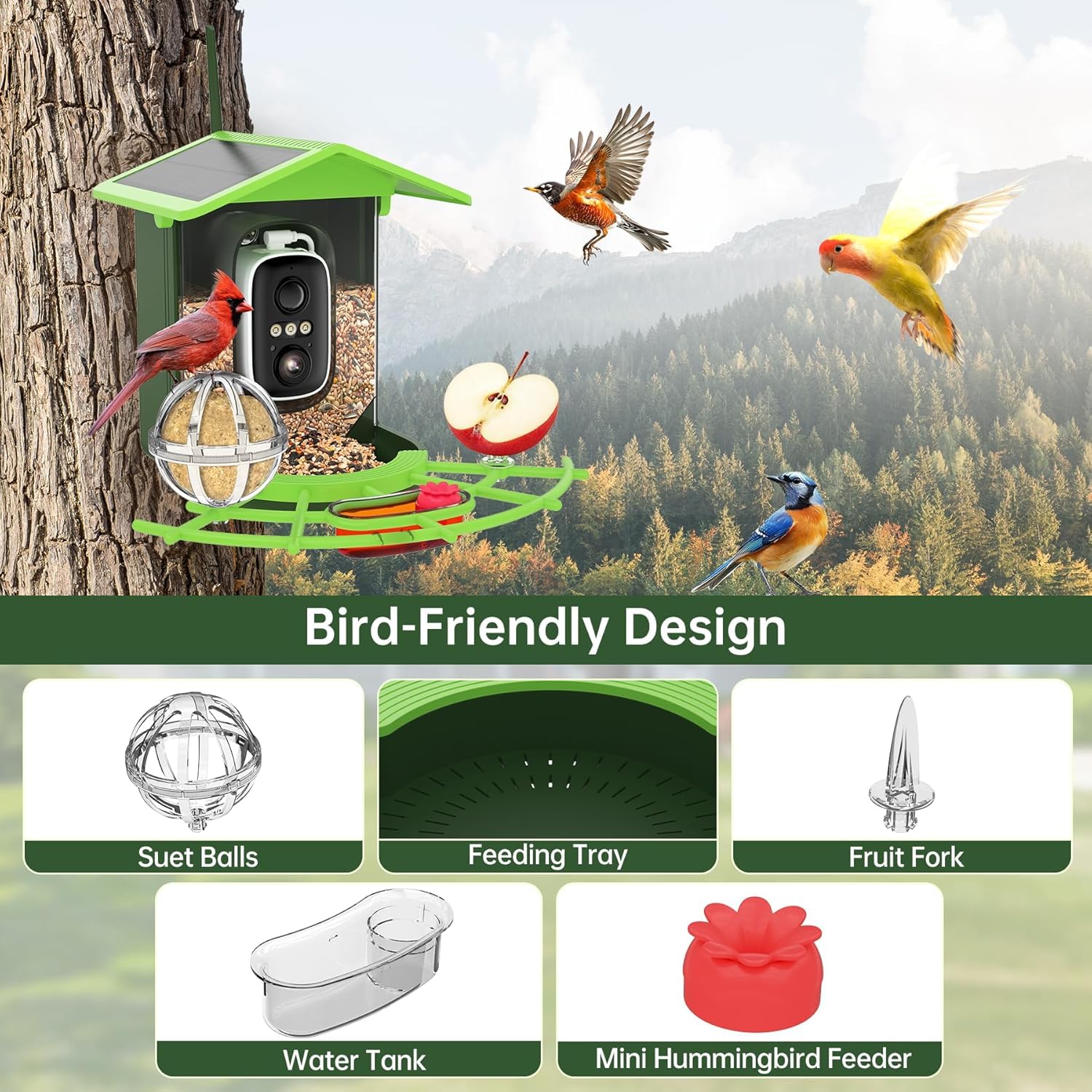 Vogelhaus mit Kamera, Vogelfutterhaus mit 4MP Kamera, Vogelfutterspender Hängend, Vogelfutterstation mit Video/Fotoaufnahme, KI Identifizierung, Bewegungserkennung, Alarm, Nachtsicht