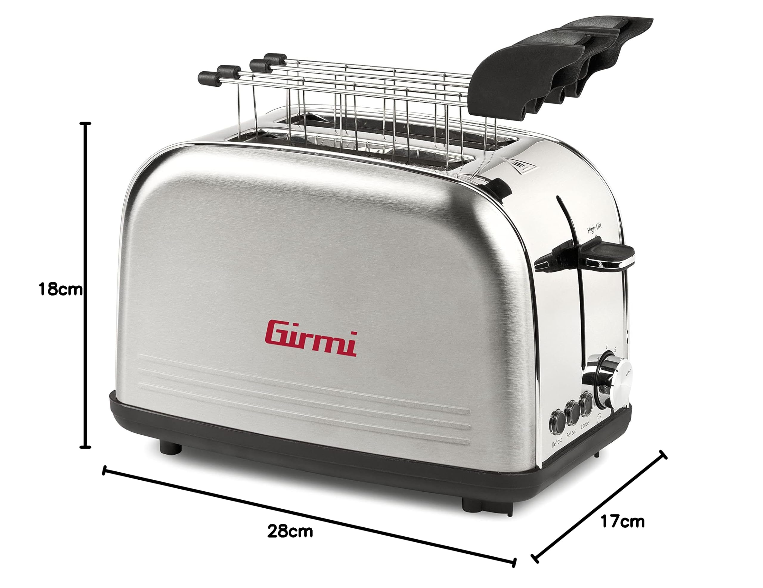 Girmi TP57 Toster, 800 W, korpus i szczypce ze stali nierdzewnej, duże otwory, timer, 8 poziomów gotowania, automatyczne wyłączanie, zbieranie okruchów