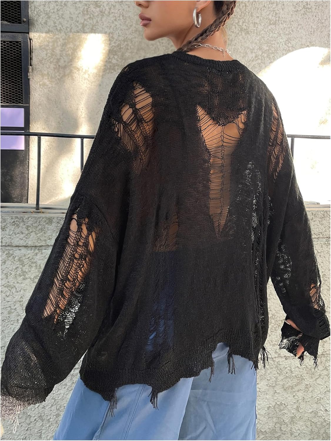 Verdusa Women's Hollow Out Crochet Sweaters Top Long Sleeve Ripped Knit Top Gothic Clothes Concert Outfits Fall Clothes - Image 3