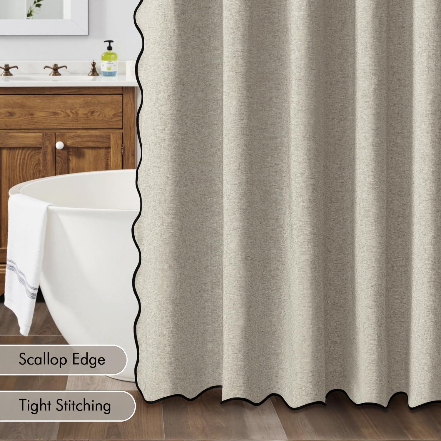 MIULEE Linen Scalloped Shower Curtain Linen Textured with 12 Metal Hooks Cute Heavy Duty Washable Waterproof Thick Cloth Shower Curtains with Black Border for Bathroom Hotel Bathtub,W72*L72