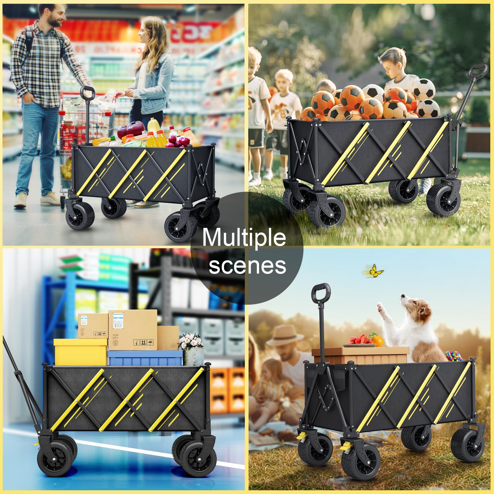 Carrelli pieghevoli, per raccogliere carichi pesanti da giardino, carrello portatile, carrello per animali domestici, con grandi ruote da spiaggia e portabevande per sport, shopping, campeggio