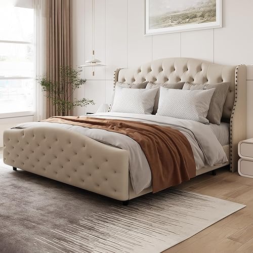 Queen Size Velvet Tufted Upholstered Platform Bed Frame with Raised Wing Back Headboard, Mattress Foundation and Wood Slat Support, No Box Spring Needed, Beige