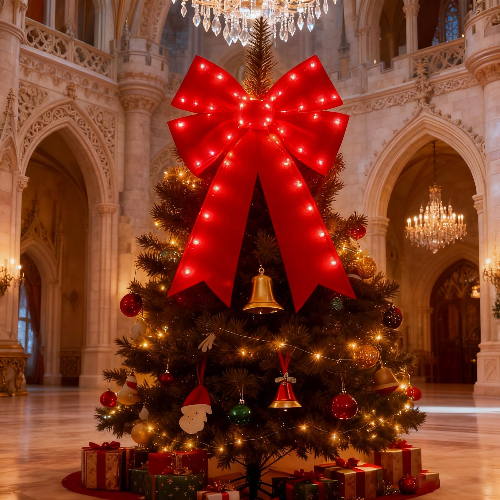 Puntale per albero di Natale con fiocco rosso illuminato a LED, da appendere, decorazione per la casa, per vacanze e feste invernali (rosso 1, 59 x 41 cm)