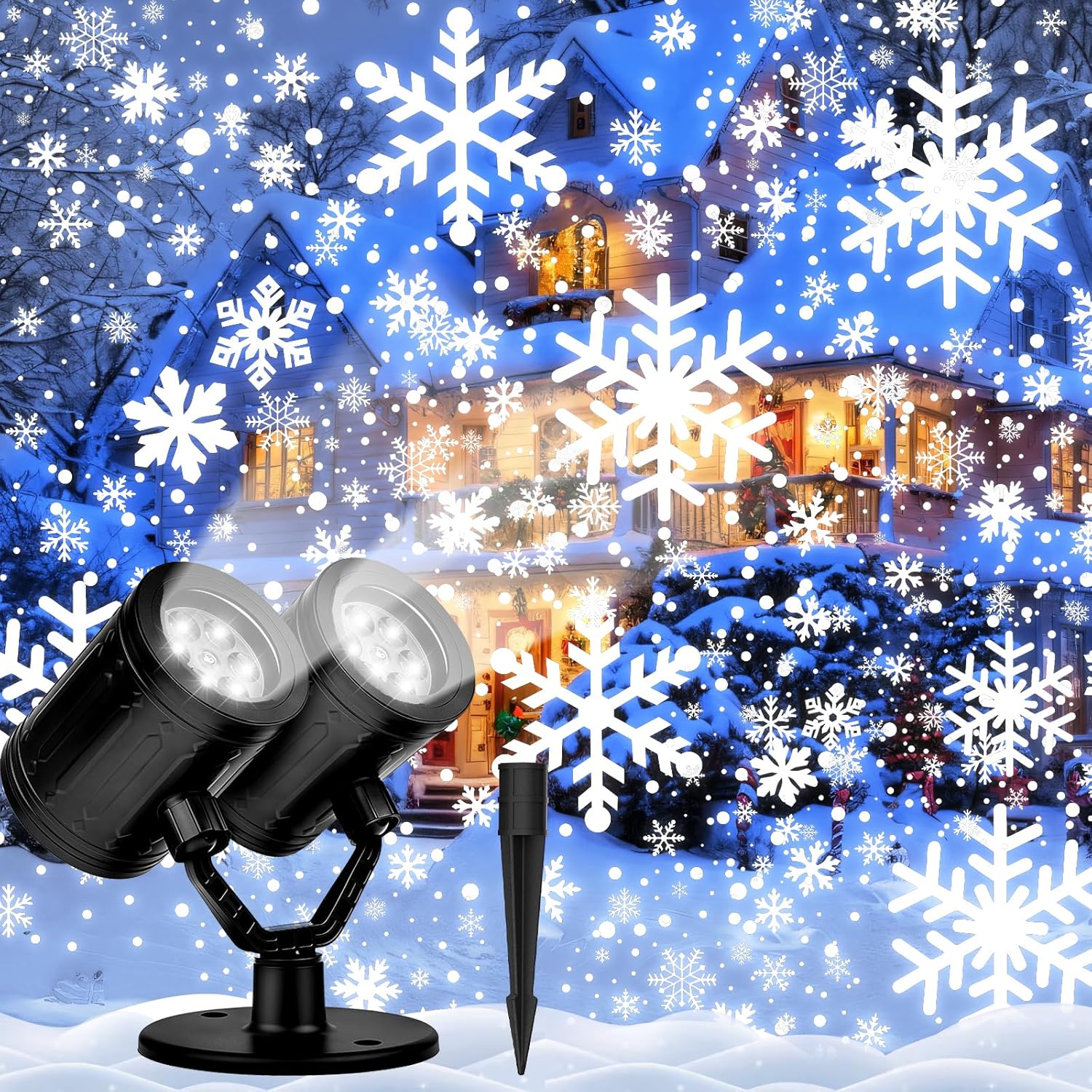 Christmas Projector Lights Outdoor, Dual Head Snowflake Projector Lights Waterproof with Timer, Dynamic Snow Holiday Projector Light for Room Wall Patio Garden Xmas Decorations
