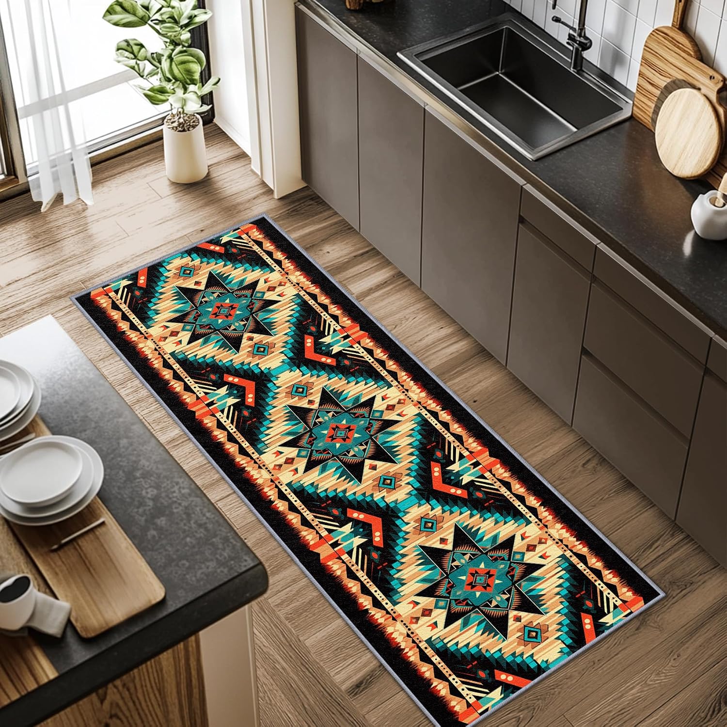 Aztec Runner Rug, 2x6ft, Southwest Native American Rustic Runners for Hallways, Boho Ethnic Retro Runner Rug Non Slip Soft - Aztec Home Decor