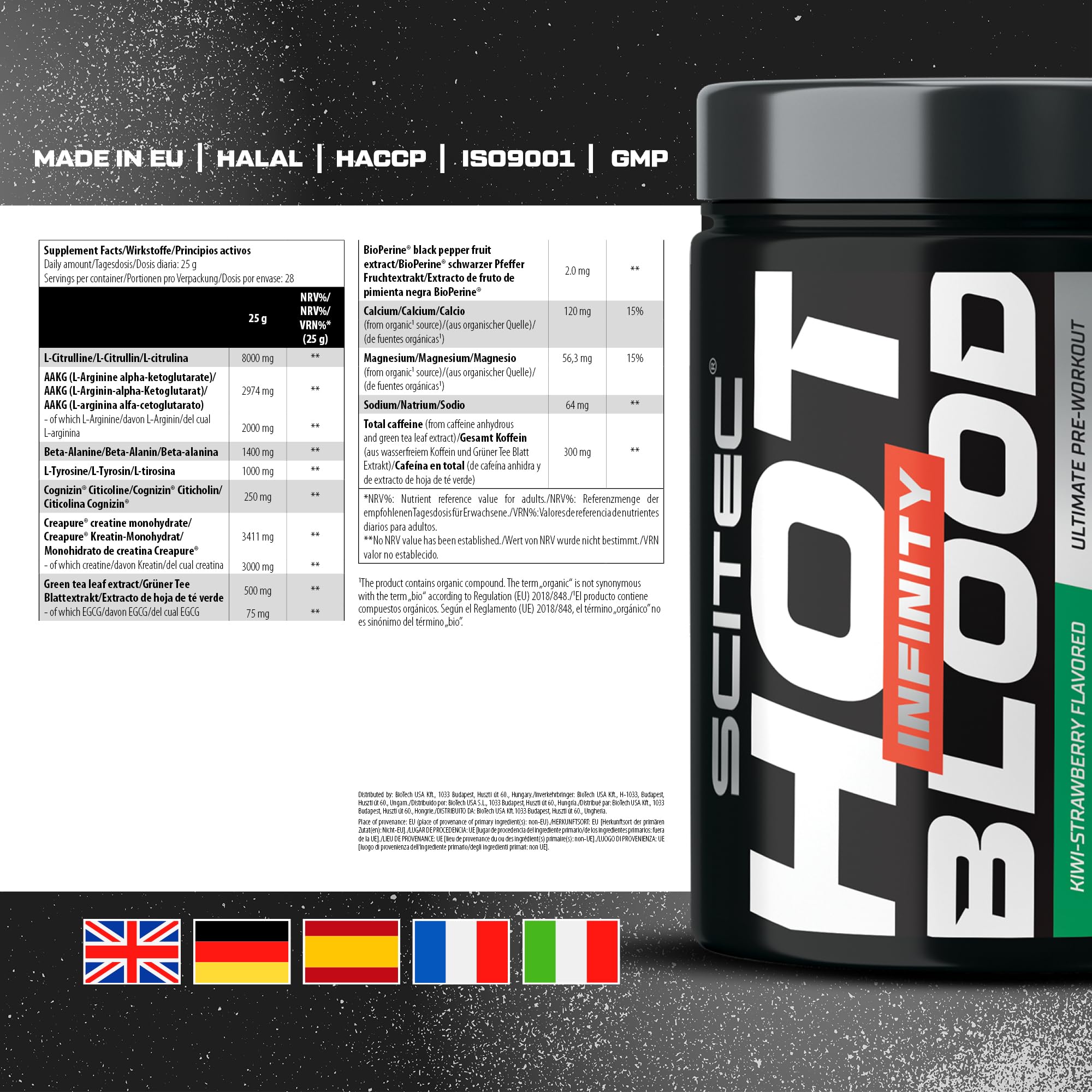 Scitec Nutrition Hot Blood Infinity - Complesso di principi attivi - Alto contenuto di caffeina - Elettroliti - Creatina monoidrato Creapure®, 350 g, Kiwi-Fragola