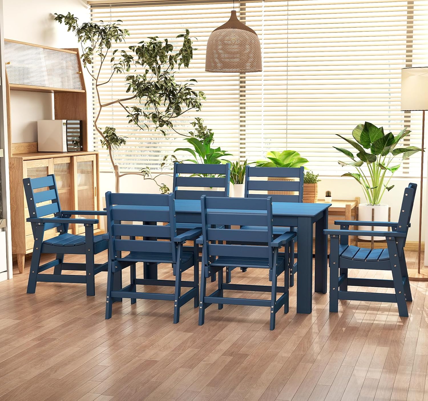 BRIOPAWS Outdoor-Dining-Set | 7 Piece | HDPE | 67" Patio Table and Chairs Sets for 6 | Patio Dinner Furniture | All Weather | Umbrella Hole | for Poolside Deck Backyard Outdoors | Blue