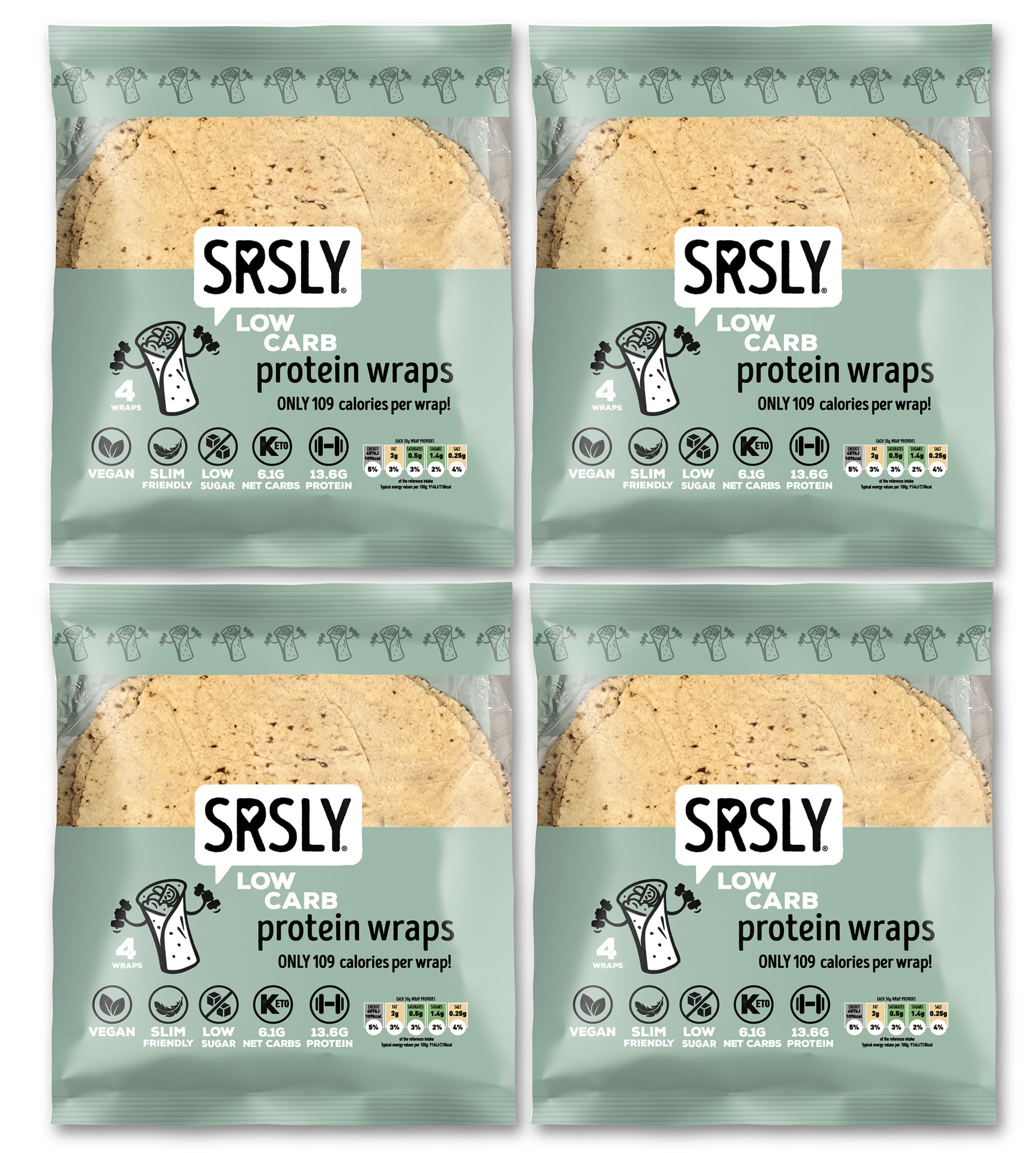 SRSLY Low Carb Protein Wraps 9" - Pack of 4 Flexible & Delicious Low Carb Tortilla - Keto-Friendly High Fibre - Freshly Made Foldable & Toastable - Wraps for Breakfast Lunch & Dinner