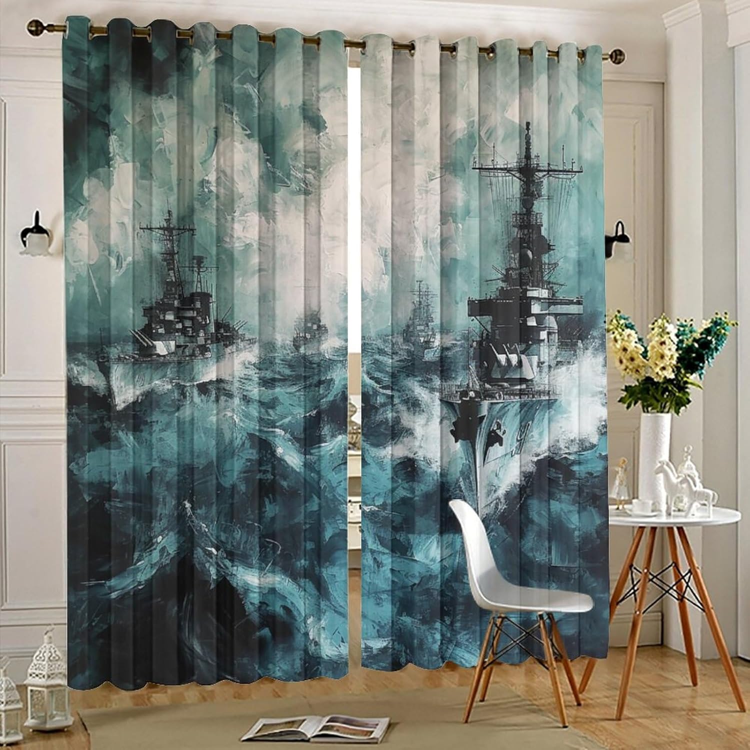 Vintage Oil Painting American Battleship Curtains Top Grommets Window Treatment,Rustic Navy Nautical Theme Army Ship Print Curtains Blackout Thermal Insulation Curtain-2 Panels 45" L x21 W