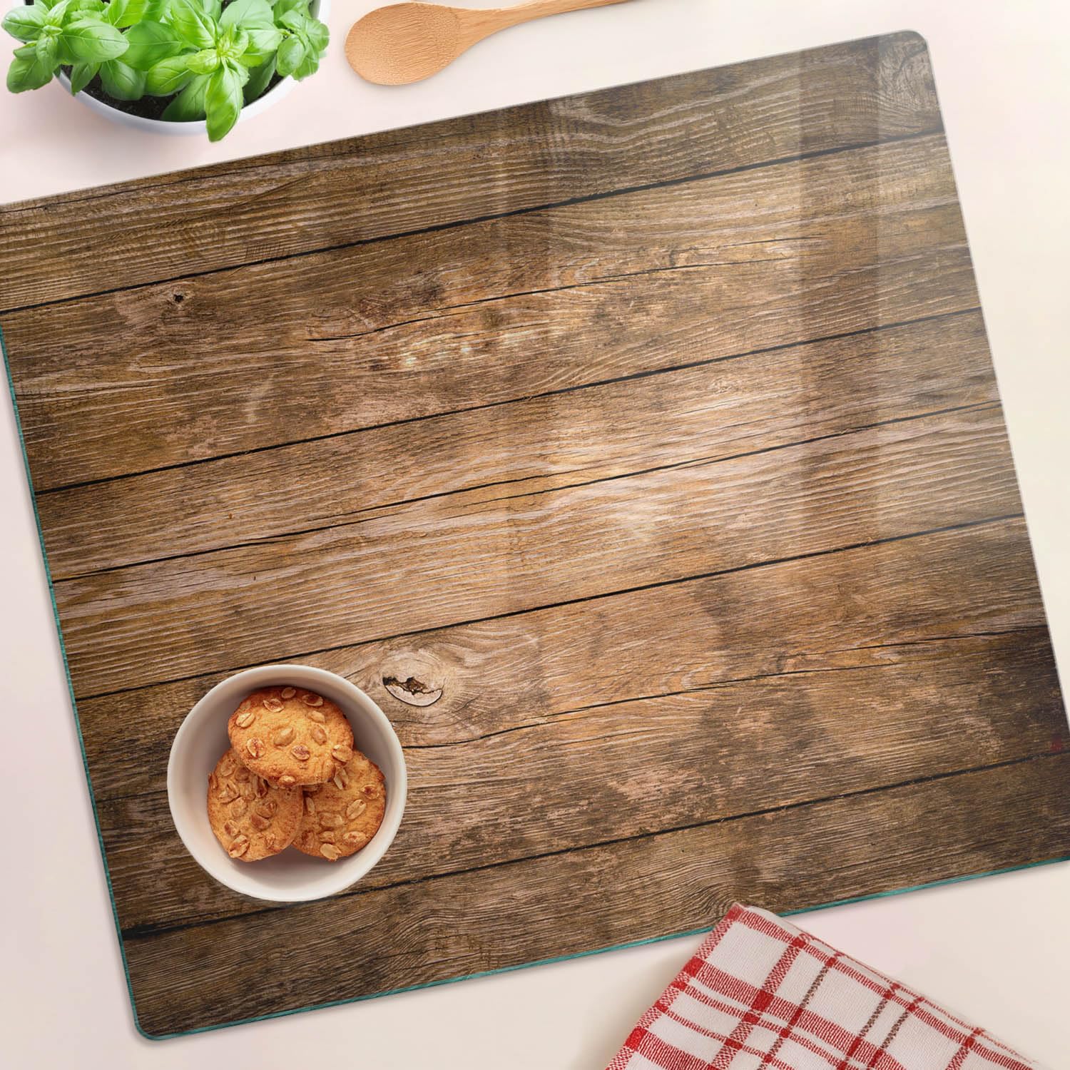 Schneidbrett Glas 60x52 cm für die Küche Plastikfrei Dünn Glasplatte Hitzebeständig Rutschfest Silikonfüße Lebensmittelecht Dekorativ Antibakteriell Gehärtetes Glas - Holz