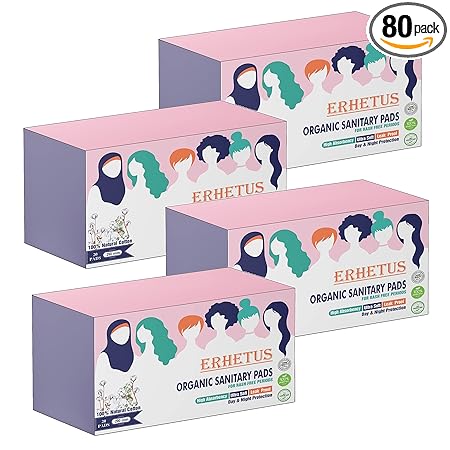 ERHETUS 100% Natural Organic Sanitary Pads for Women | Biodegradable Sanitary Napkins for Girls | Pure Cotton & Bamboo Fiber Base, Rash-Free, Fragrance Free, Chemical Free - 80 Pads (combo of 4*20 pad, XL, 290 mm)