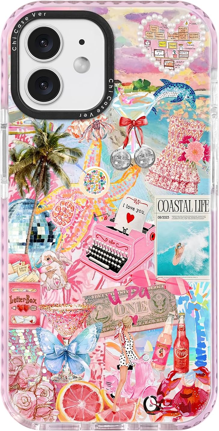 for iPhone 12 mini Case Pink Coastal Summer Design with Tropical