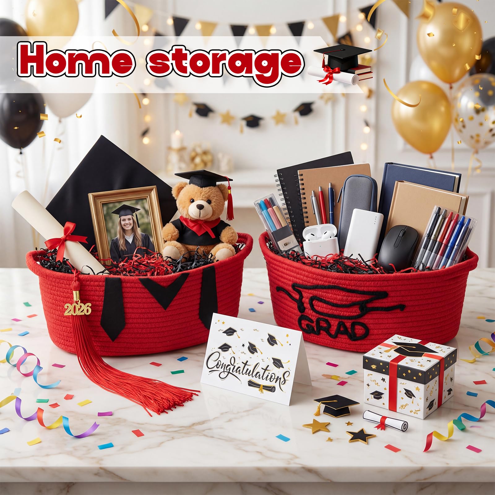 Colingmill 2 Pack Class of 2026 Graduation Empty Gift Basket 14''x10''x5.5'' Woven Rope Basket Empty to Fill with Grad Design Bag Ribbon Card Tassel, Decorative DIY Congrat Gift(Red and Black)