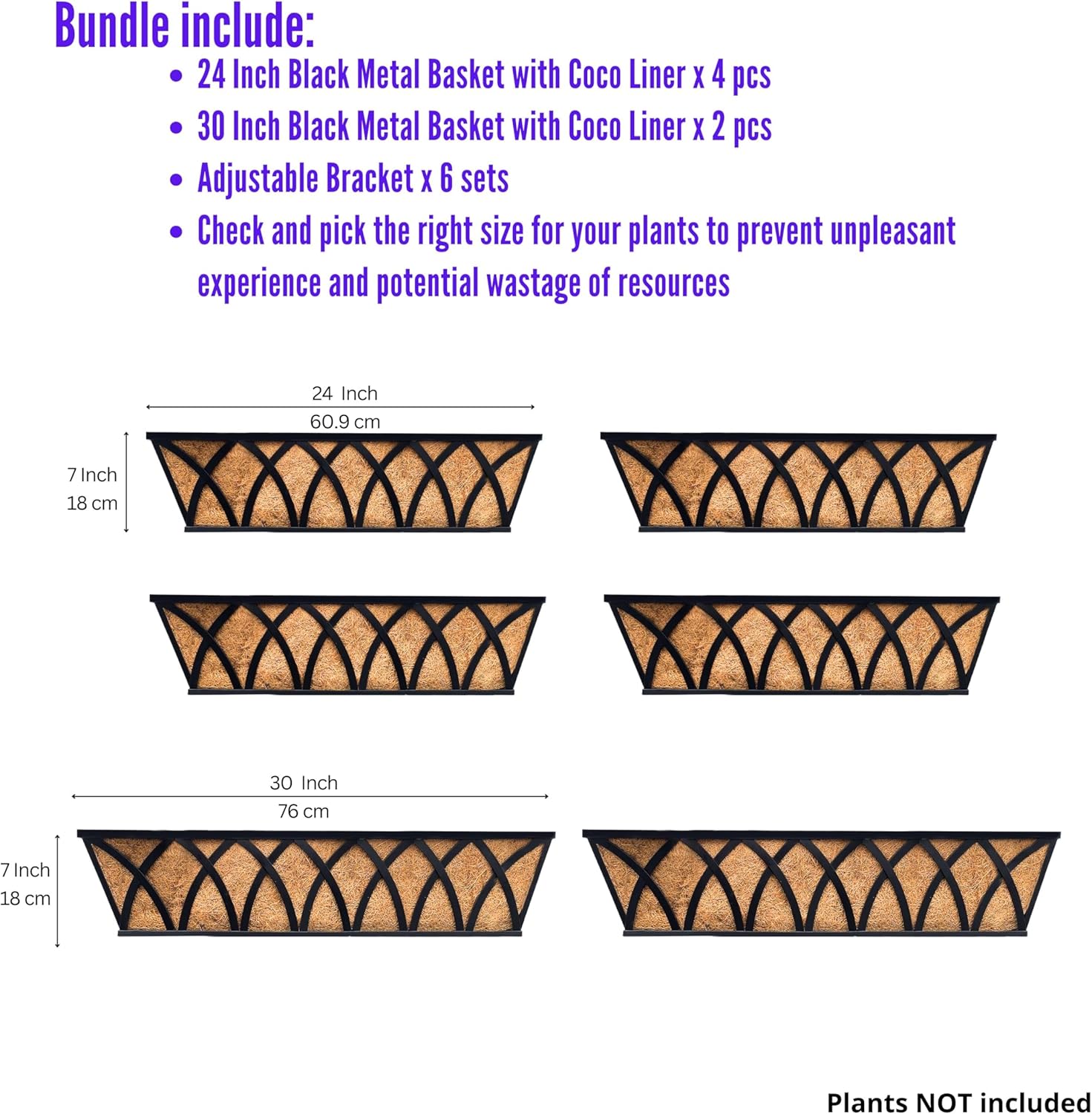 LaLaGreen Bundle- 2 Pack, 30 Inch + 4 Pack, 24 Inch Rectangular Metal Basket with Coco Liner Hanging Window Flower Boxes Deck Rail Fence Balcony Plant Pot Holder Horse Trough Planters Outdoor Garden