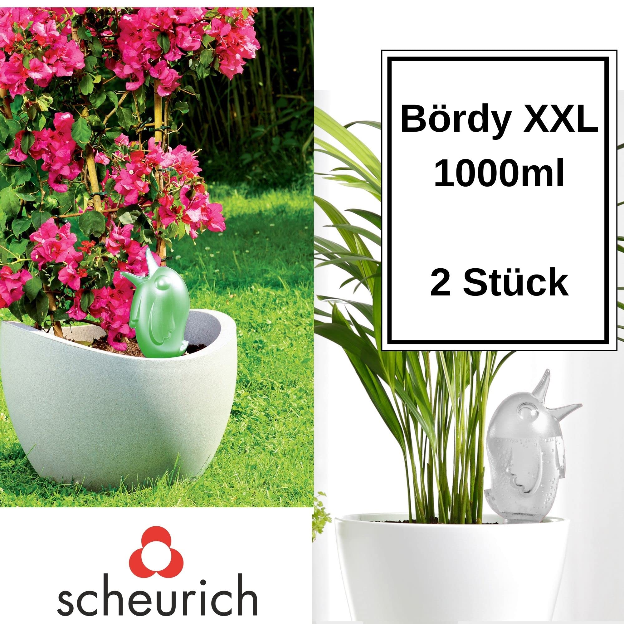 Scheurich Wasserspender Bördy XXL |2er Set Transparent/Grün | 1000 ml Füllmenge | Bewässerungskugel klein mit Ton Fuß | Wasserspender Pflanzen und Blumen Terrakotta Stiel