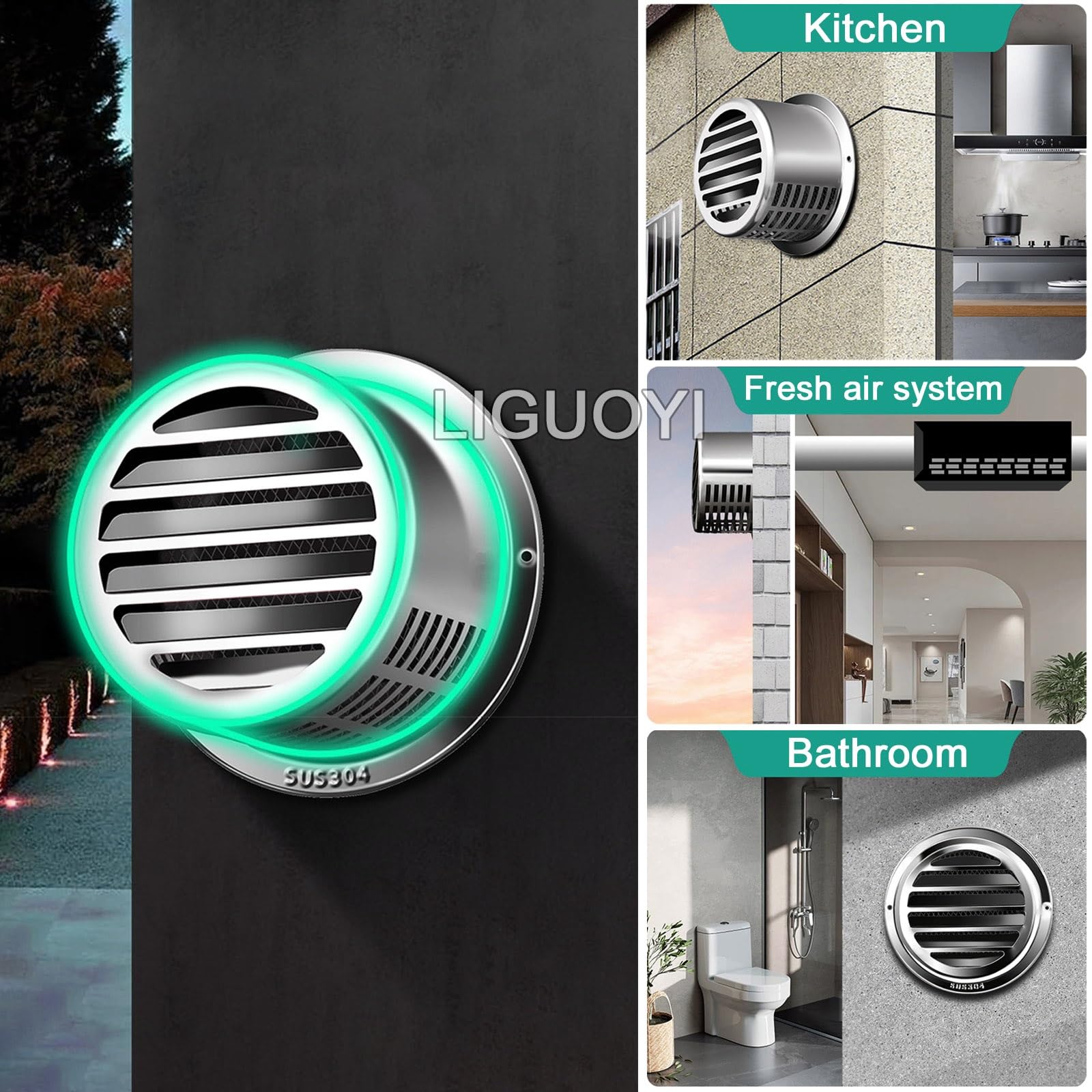 LIGUOYI Grille De Ventilation Cylindrique 100 150 190mm Mural Bouches D'aération, Rond Sortie D’air en Acier Inoxydable avec Moustiquaire, Grille De Ventilation pour Cuisine avec Vis