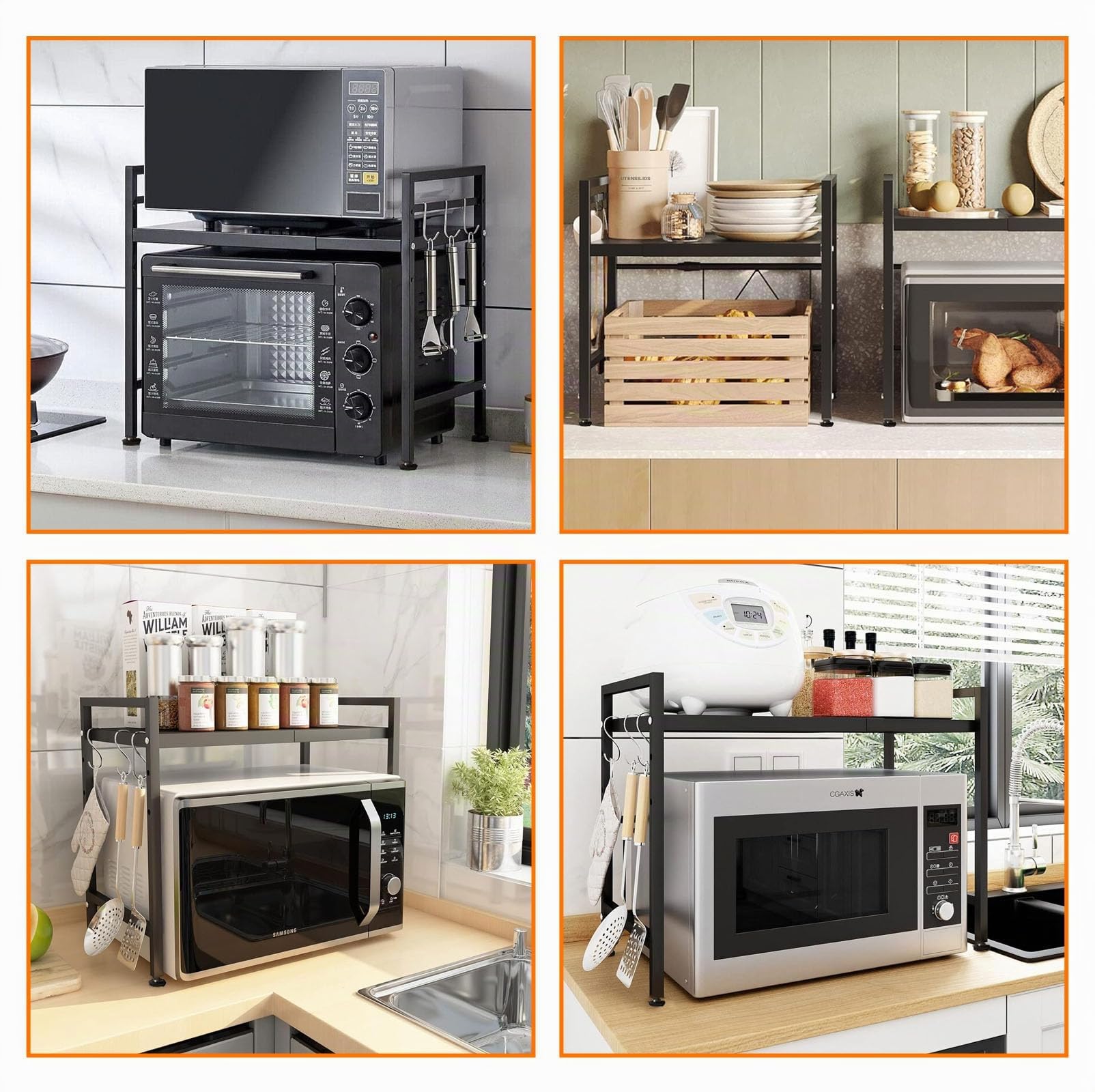 Soporte Microondas Ajustable 2 Niveles con 4 Ganchos, Mueble MicroOndes Estantería de Encimera Extensible, Estante Cocina vertical Organizador Hornos Negro para Tabla de Cortar, Barra, Utensilios