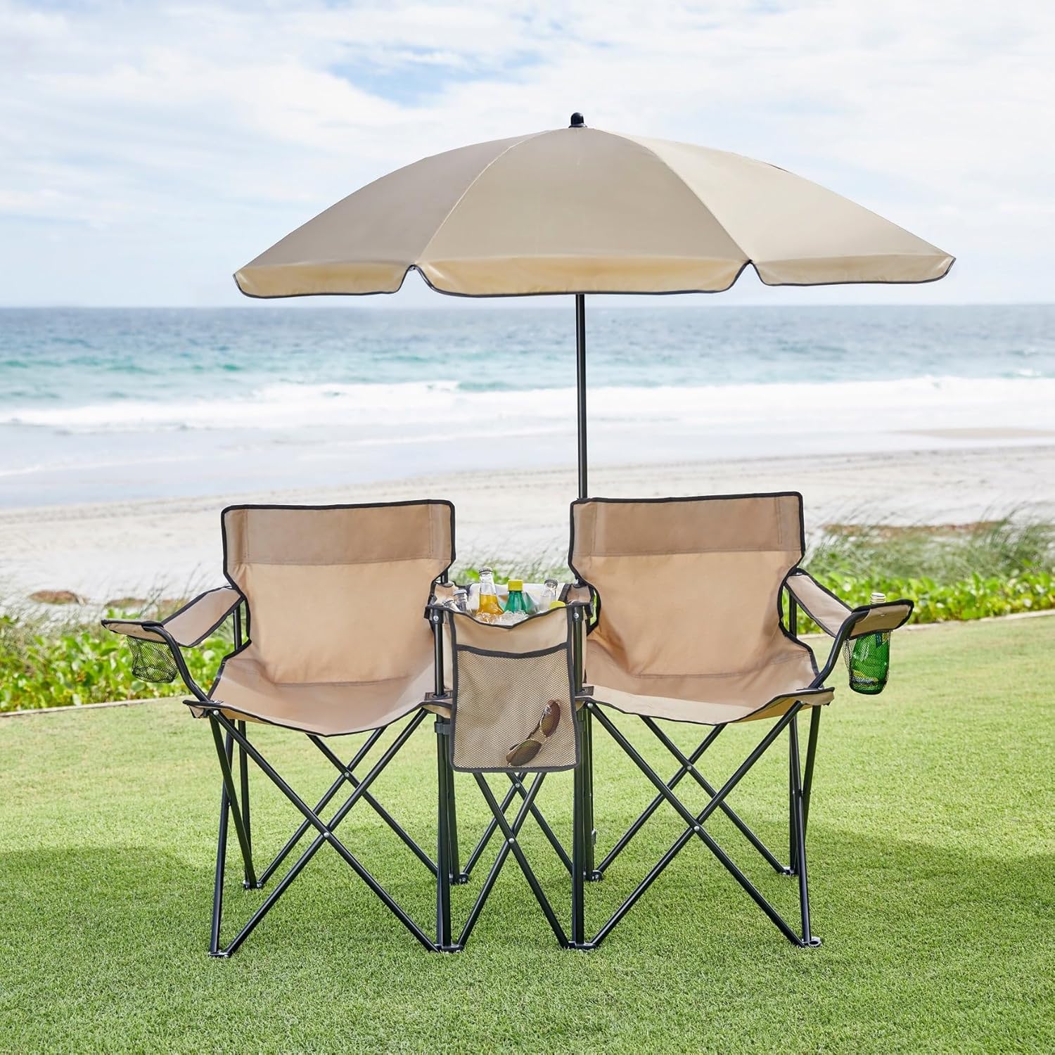 BrylaneHome Twin Folding Picnic Chairs with Umbrella & Cooler - Taupe