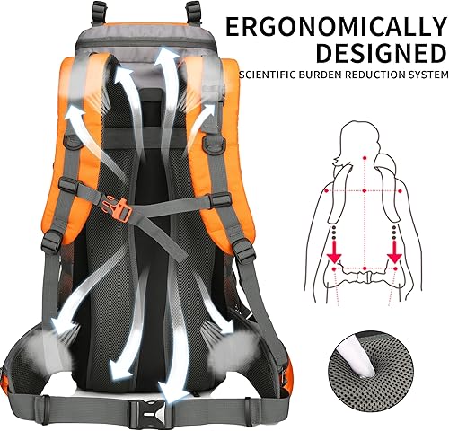 Miniatura 4 de King'sGuard Mochila de senderismo 60L para hombres y mujeres, mochila de camping impermeable, mochilero, montañismo, escalada, mochila, Naranja, 60