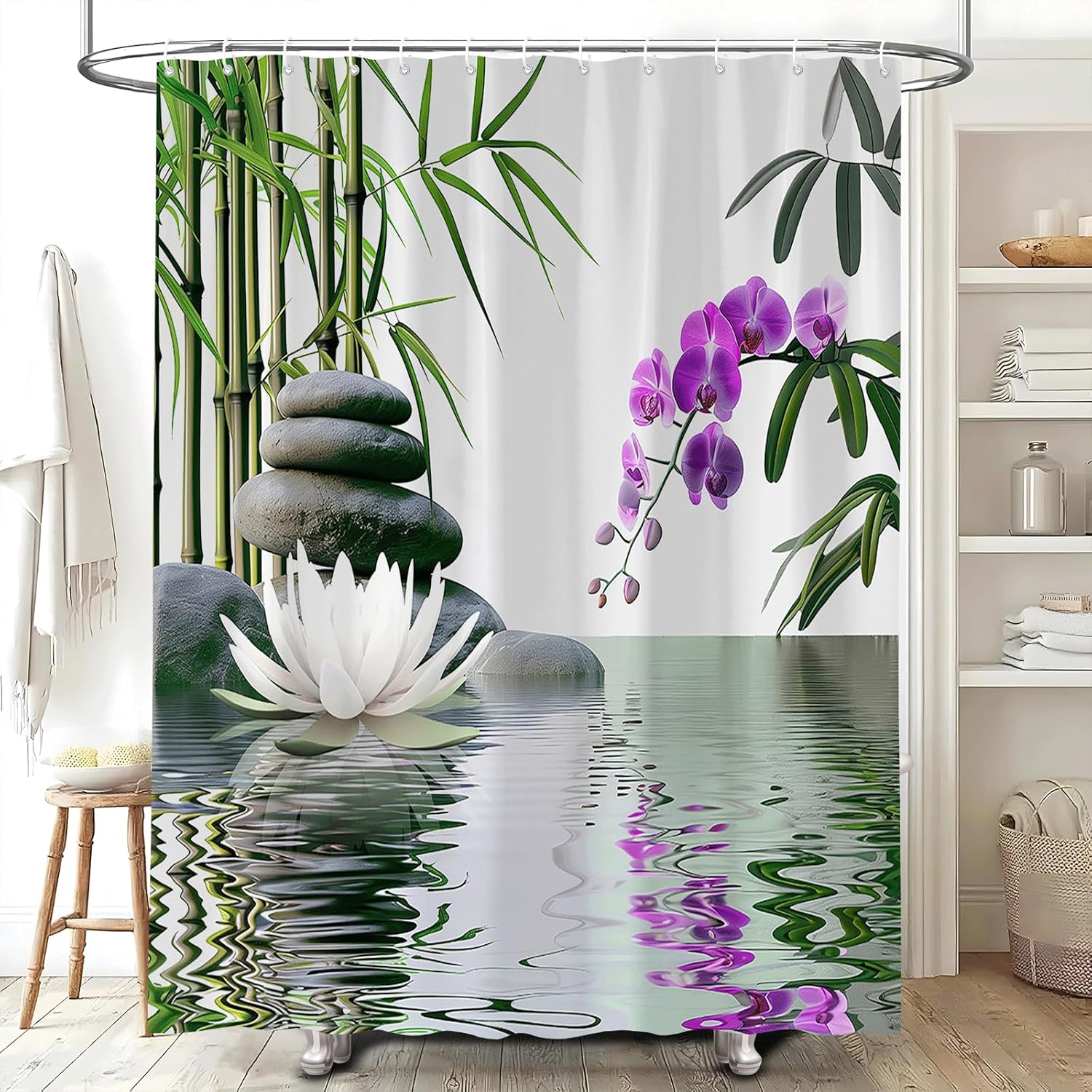Zen Shower Curtain Green Leaf Floral Purple Flower Lotus Black Stone Japanese Garden Relax Meditate Spring Nature Theme Rustic Polyester Curtains Bathroom Decor Set with Hooks 70Wx90H Inch