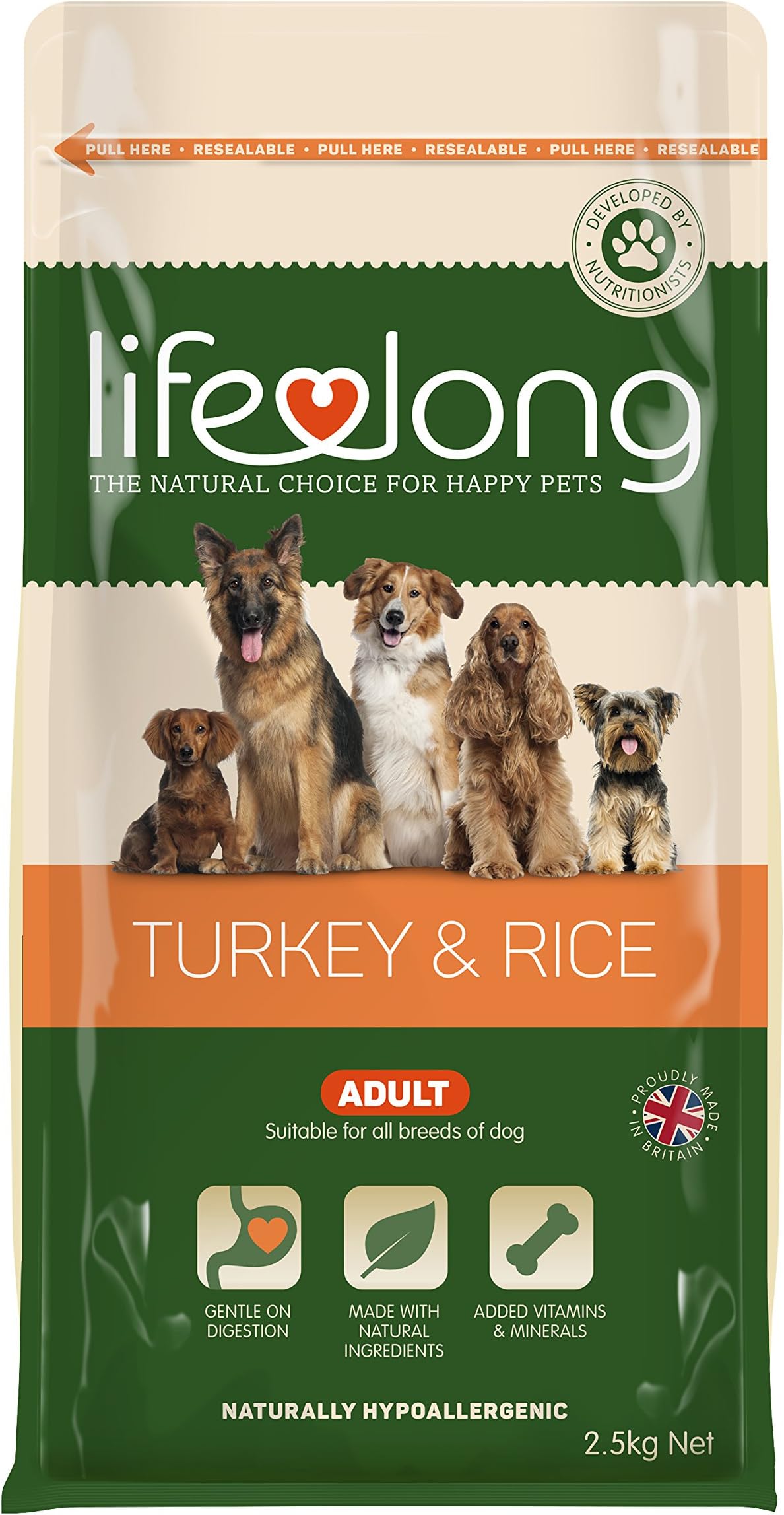 Lifelong Hypoallergenic Adult Dog Food, Turkey and Rice, 2.5 kg