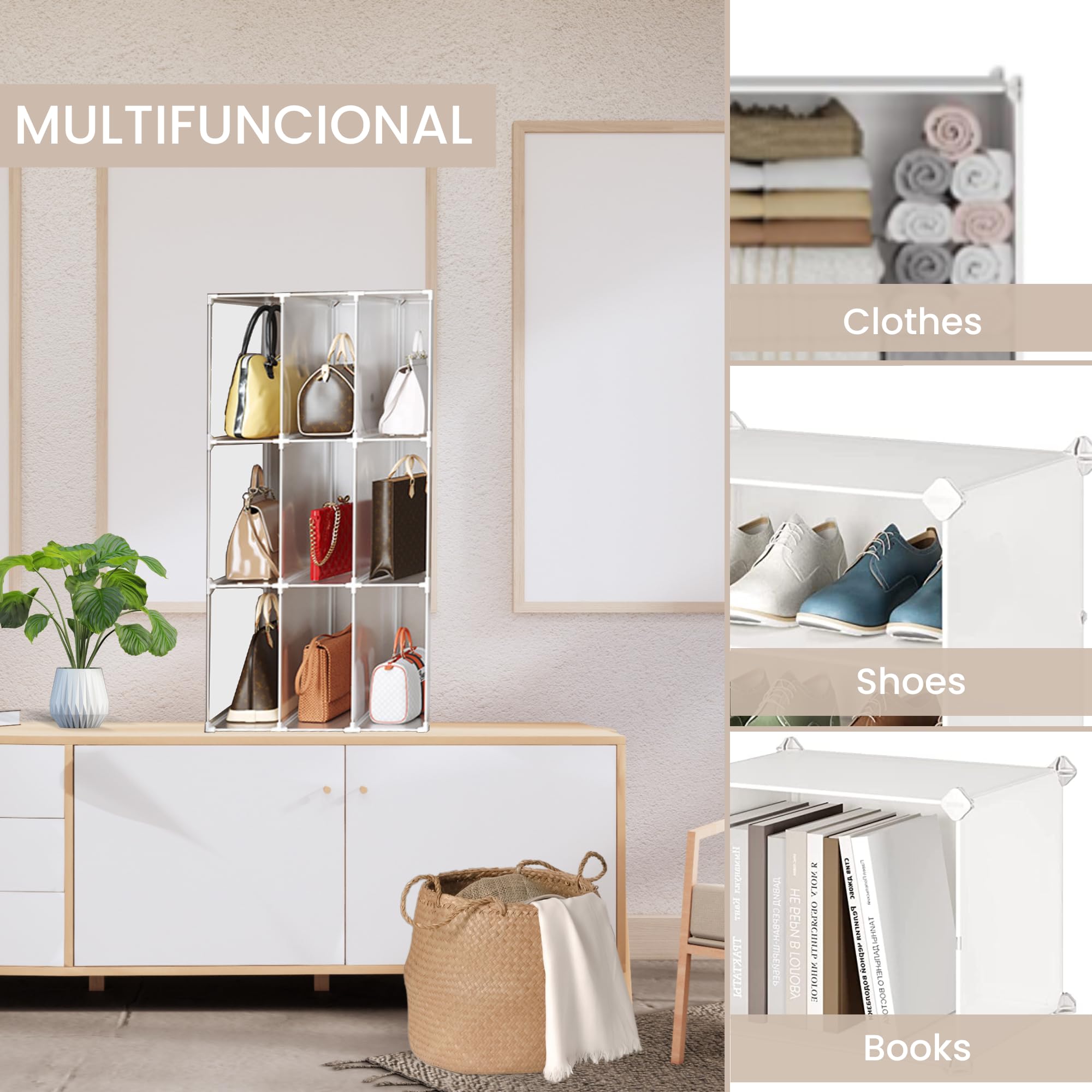 Organizador de Bolsos, Estantería Modular para Armario, Estante para Habitación, Recibidor. Estantería de Almacenamiento para Hogar, Pasillo, Dormitorio. 9 módulos.