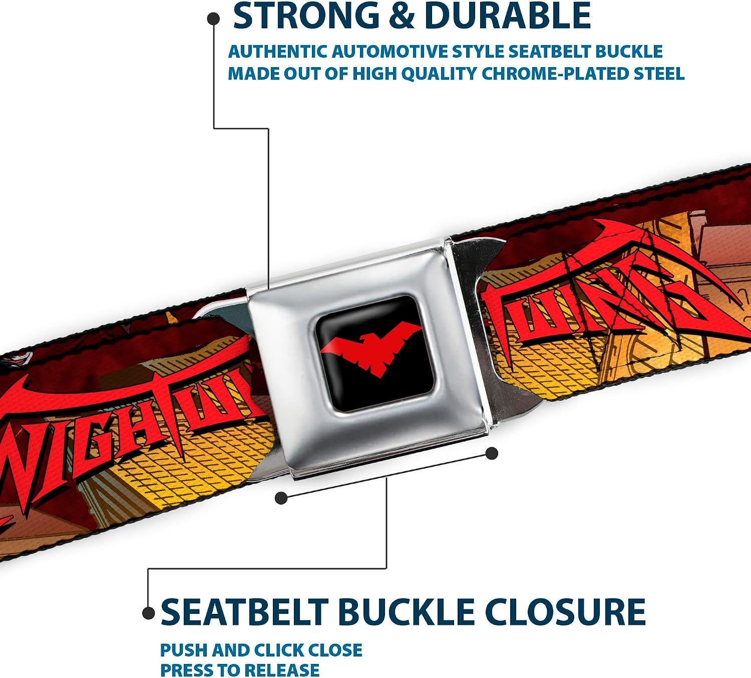 Buckle-Down Seatbelt Belt - NIGHTWING Poses/Bats Welcome to Gotham Comic Book Cover - 1.0" Wide - 20-36 Inches in Length