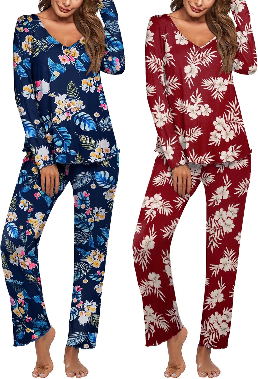 Ekouaer Womens 2 Pack Pajama Set Long Sleeve Pajamas Top and Pants V Neck Pjs Set Soft Sleepwear Loungewear