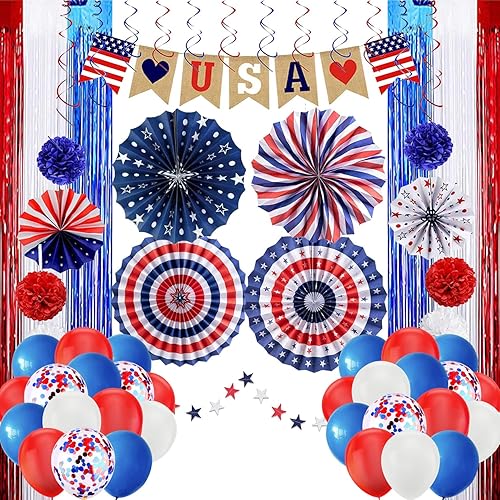 100 pcs 4th of July Patriotic Christmas Independence Labor Day Party Decoration Sets with Red White Blue Balloons,Paper Fans,USA Flag Pennant,Star Streamer,Pom Poms,Tinsel Backdrop