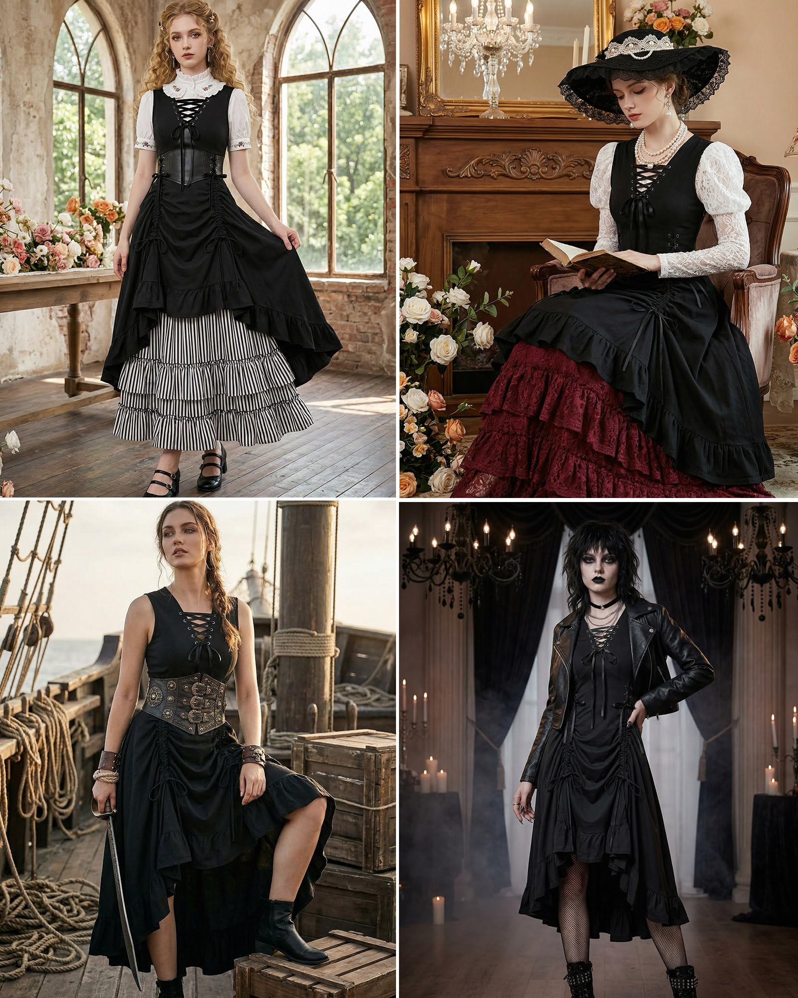 Scarlet Darkness Sukienka renesansowa steampunk, wiązana (gorsetowa), krój high-low, piracki gotycki kostium