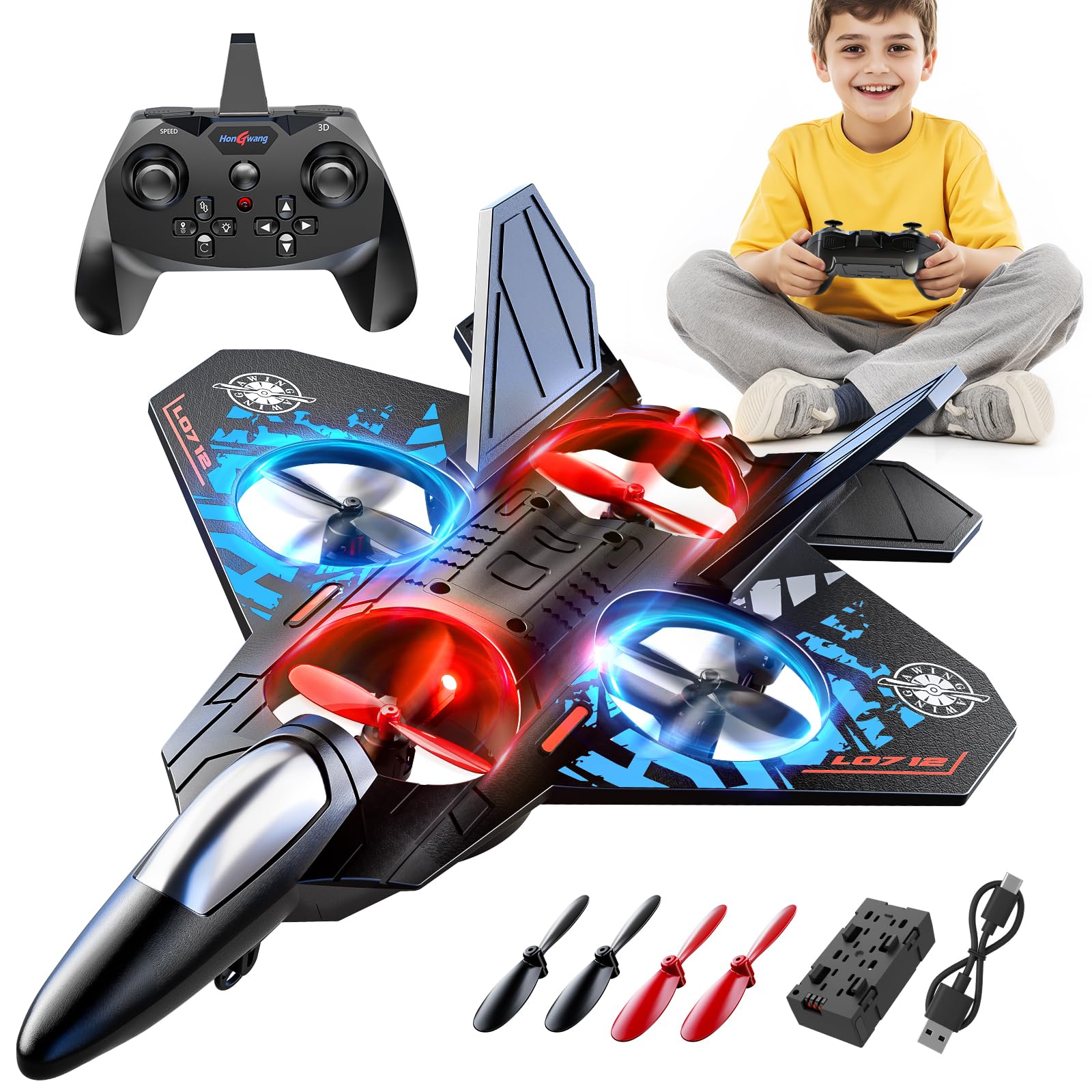 Foam Remote Control Airplane for Kids 8-12, 2.4 GHz RC Plane with Colorful Lights, 360 Flips & Stunt Roll, RC Airplane Toy for Boys and Girls Ages 8-16, Gift for Kids and Adults Blue