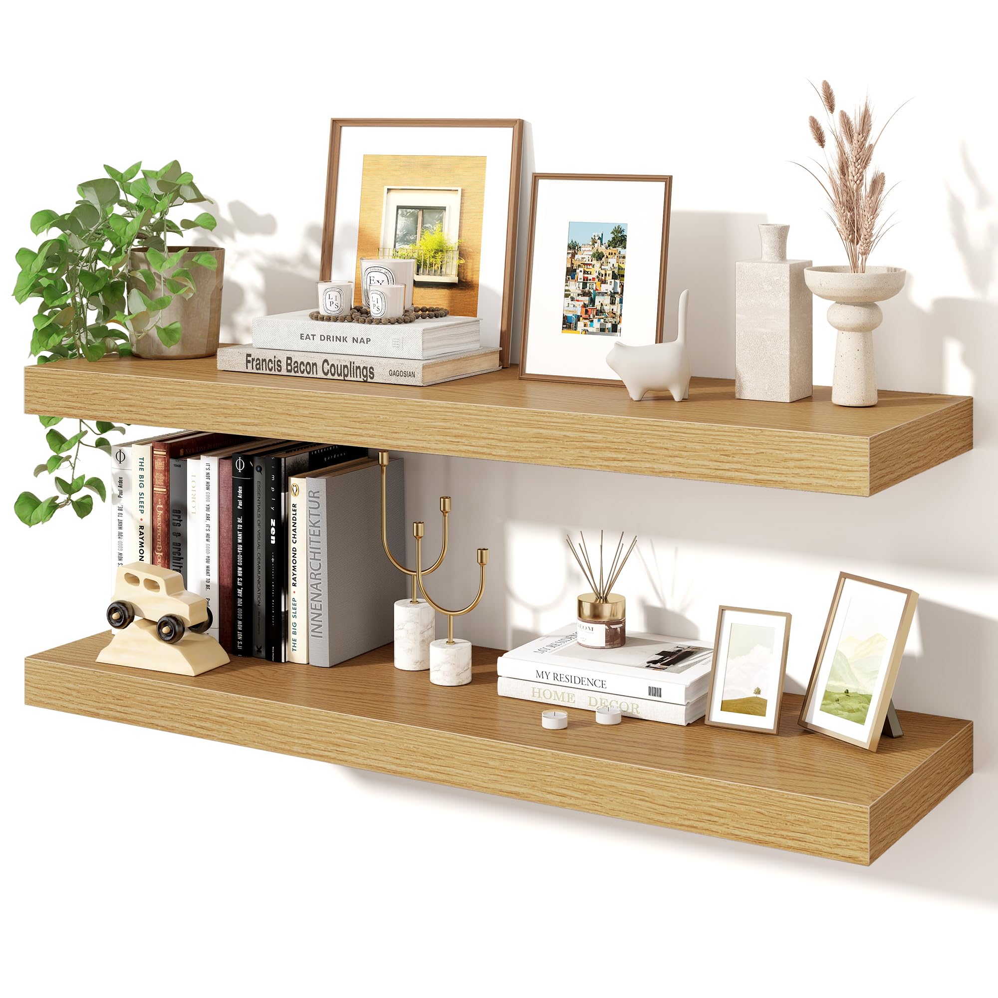 Axeman 36Inch Floating Shelves for Wall, 2 Pack Shelves for Bedroom, Bathroom, Kitchen, Hanging Wall Mounted Rustic Wood Shelf with Invisible Brackets for Books Decor, Oak — image 1