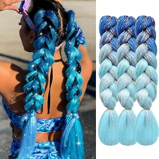 Ombre Blue Jumbo Braiding Hair Extensions with Tinsel Ombre Blue Fairy Crochet Twist Braids Extensions for Women And Girls 24 Inch 3 Tones Soft Pre-Stretched Braiding Hair for Kids