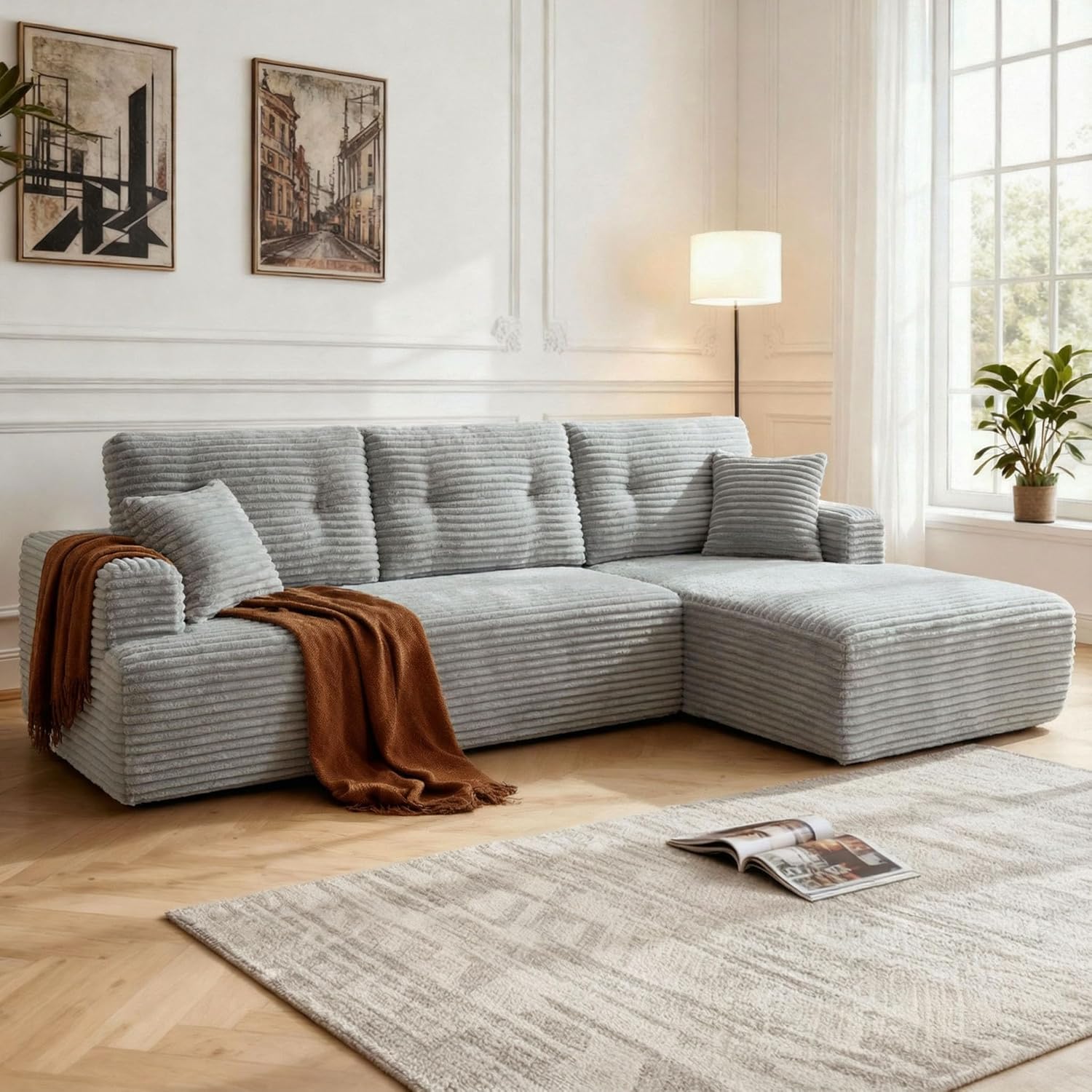 107" Boneless Couches for Living Room - Modular Sectional Sofa, L-Shape Comfy Corduroy Fluffy Couch with Deep Seat, No Assembly Required (Right-Facing Chaise, Light Gray)