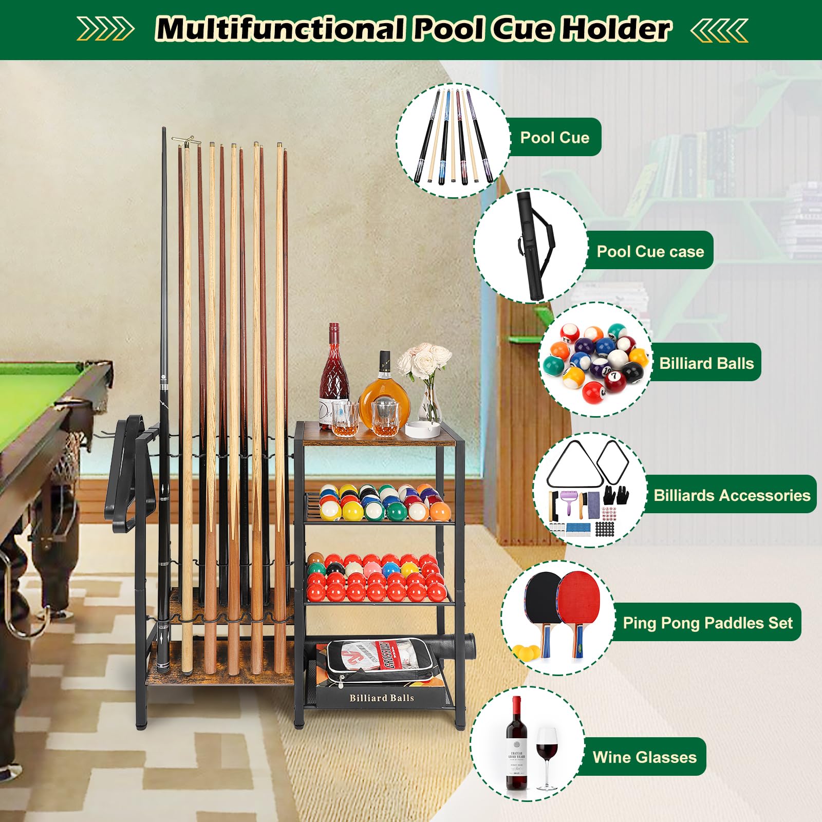 Bikoney Porta Stecche da Biliardo a Pavimento per Fino a 12 Bastone, Biliardo da Tavolo con Spazio per Palline, Grande Supporto Bastoncini da Biliardo di Accessori per Tavolo da Biliardo