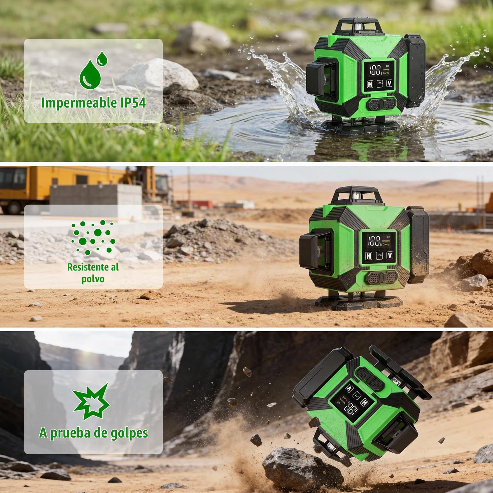 Nivel Láser Autonivelante 4x360°, Nivel Láser Verde 16 lineas con Tripode | 2x3600mAh Batería, Soporte de Pared Control Remoto, Grado IP54 Para Construcción, Alicatado