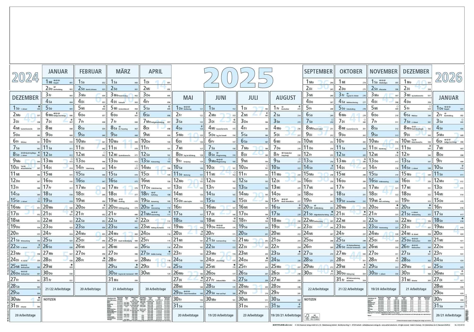 Zettler - Poster Calendar 2025, 100 x 70 cm, Poster Calendar with