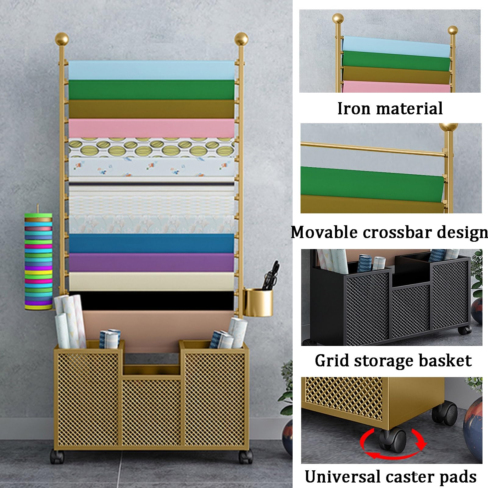 Organizador de cinta de metal para manualidades con soporte de exhibición de bufandas móvil, estante grande de papel de regalo para tienda de flores, tienda minorista, rueda universal blanca (80 x 27