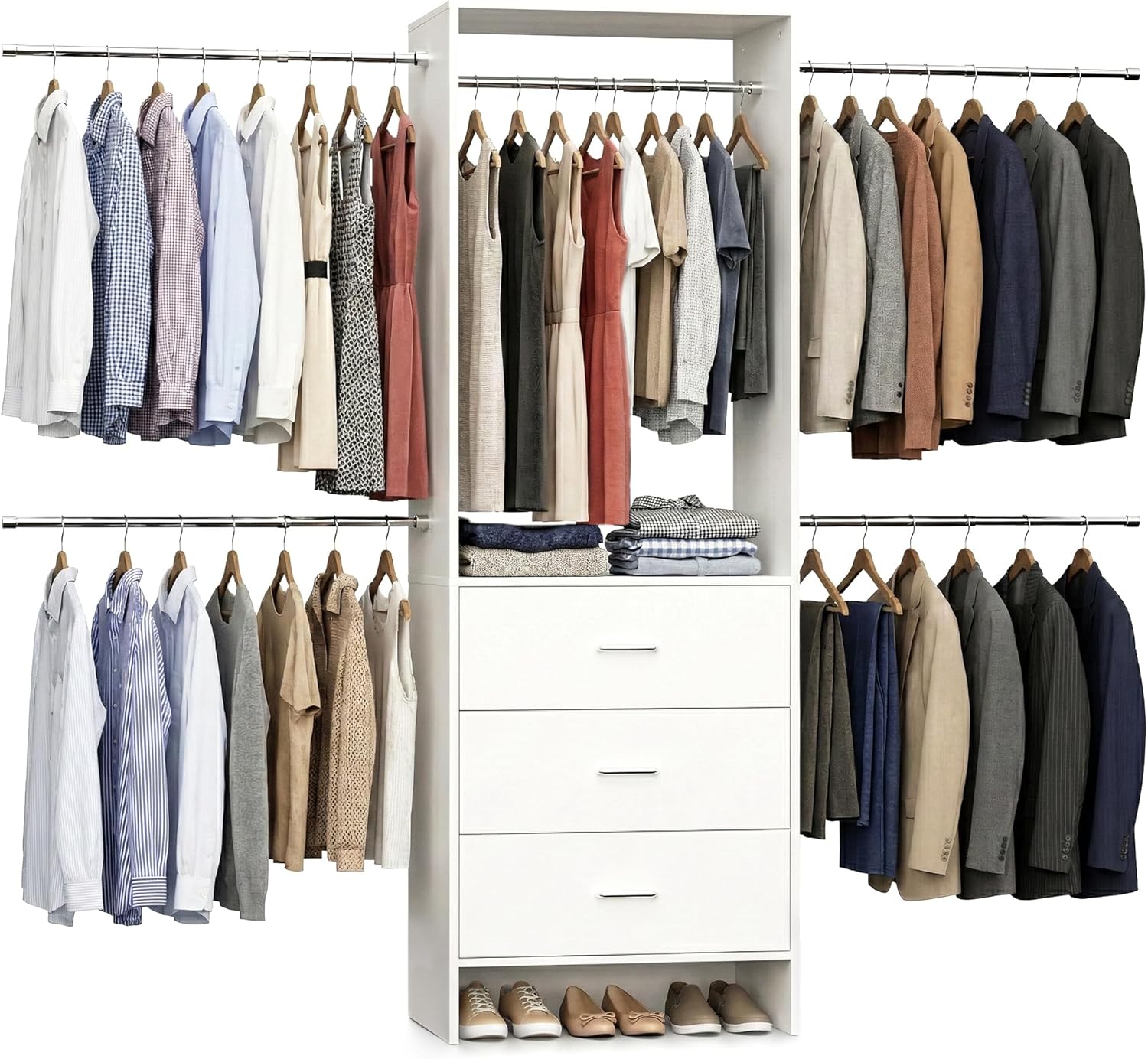 COSIEST Closet System, Closet Organizer with Drawers and Expandable Hanging Rods, Closet Organizer System, Walk-in Closet Wardrobe Clothes Rack, I Shaped