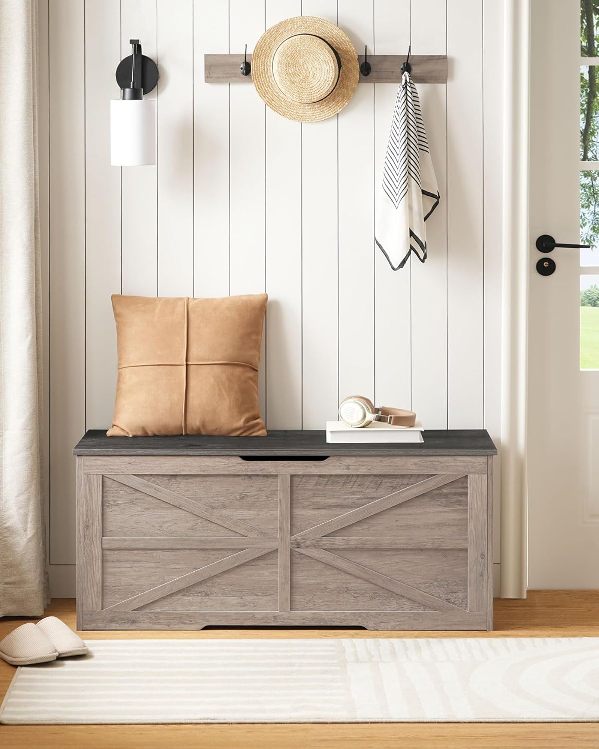 Kids Bookshelf and 43.3" Wooden Storage Chest, 4 Tier Sling Kids Bookcase, Storage Chest, for Kids Room, Nursery, Playroom, White and Gray MCW06WT-MCW11HC