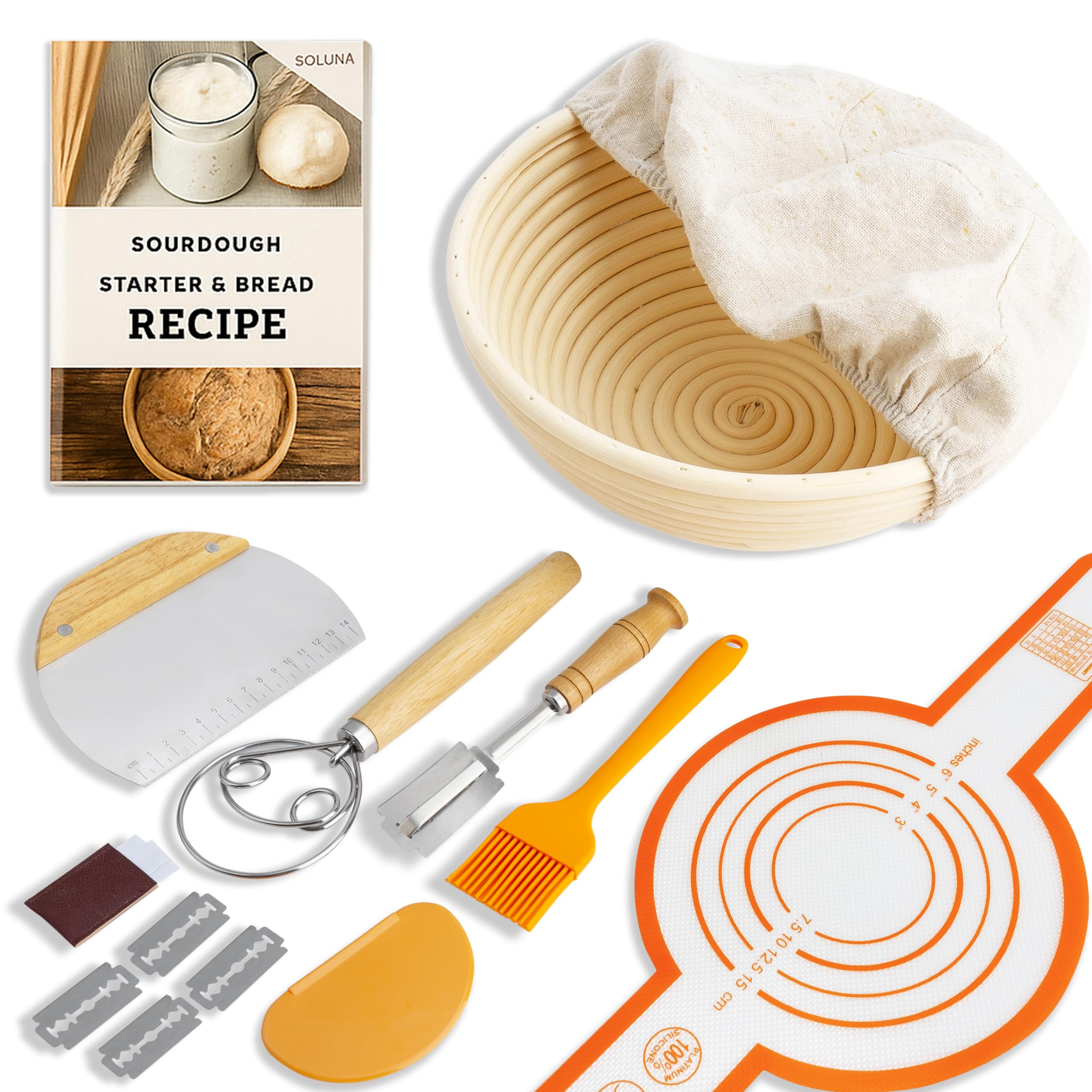 SoLuna.® Sourdough Starter Kit for Bread Making with Banneton Proofing Basket 23cm Round, Handmade, Eco-friendly, Indonesian Rattan - Sourdough Starter Supplies Kits, Bread Baking Accessories (Orange)