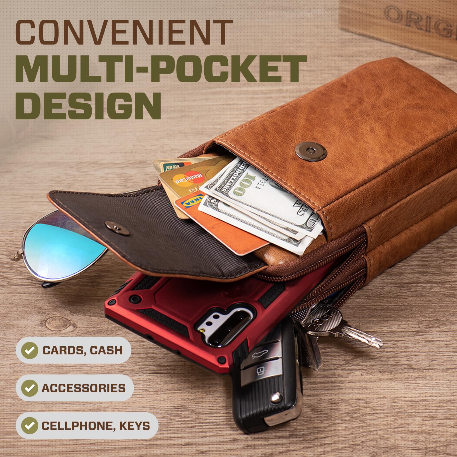Multifunktionale Echtleder Doppel Reißverschluss Taschen Männer Vintage Look Umhängetasche Handy Gürtel Tasche Telefon Holster für Reisen, Outdoor Aktivitäten
