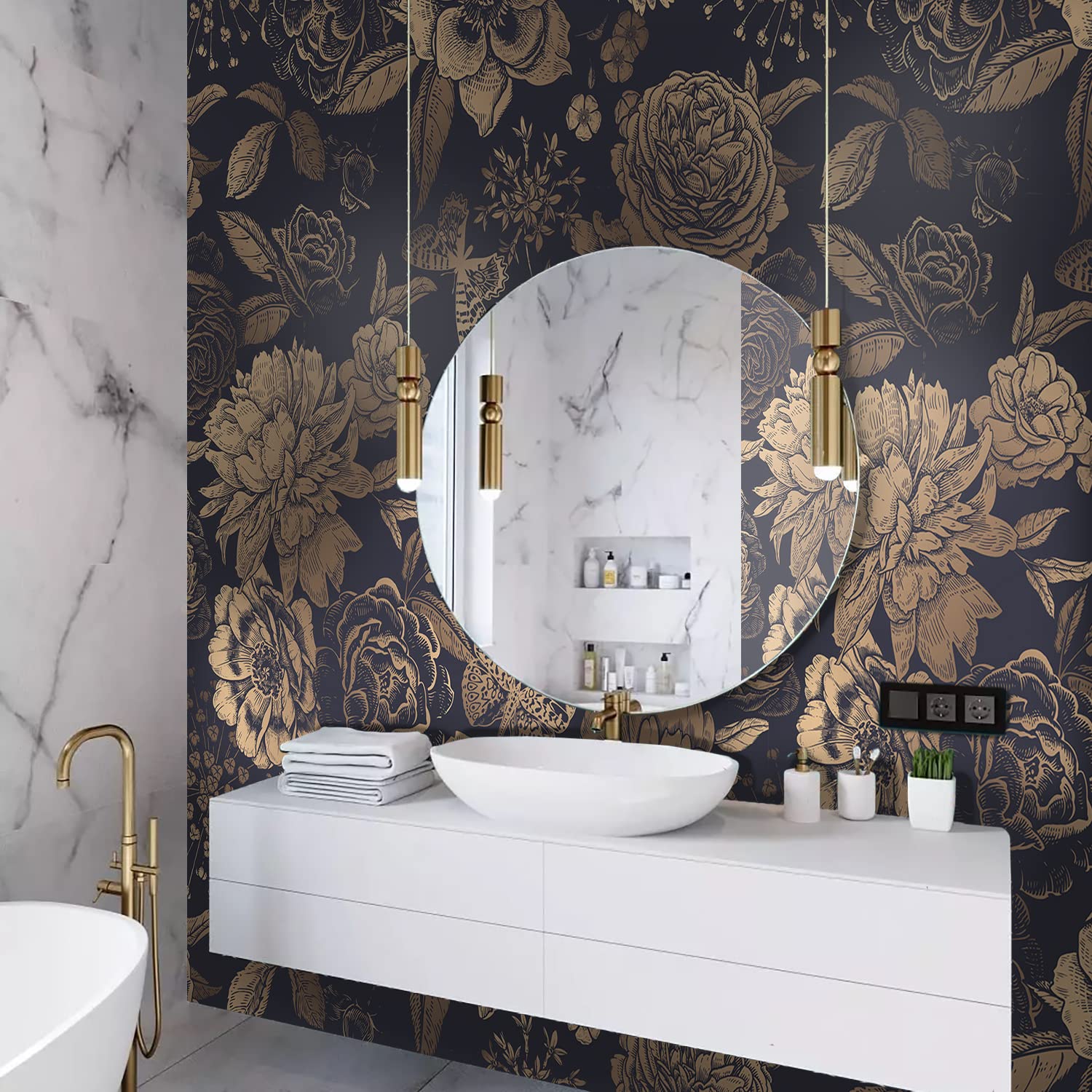 Faux Gold Peony Wall Murals Peel and Stick, Vintage Sketch Floral Mural Wallpaper, Leather Textured Vinyl Self-Adhesive Wall Mural Sticker, Wall Decals for Bedroom Living Room Kids Room