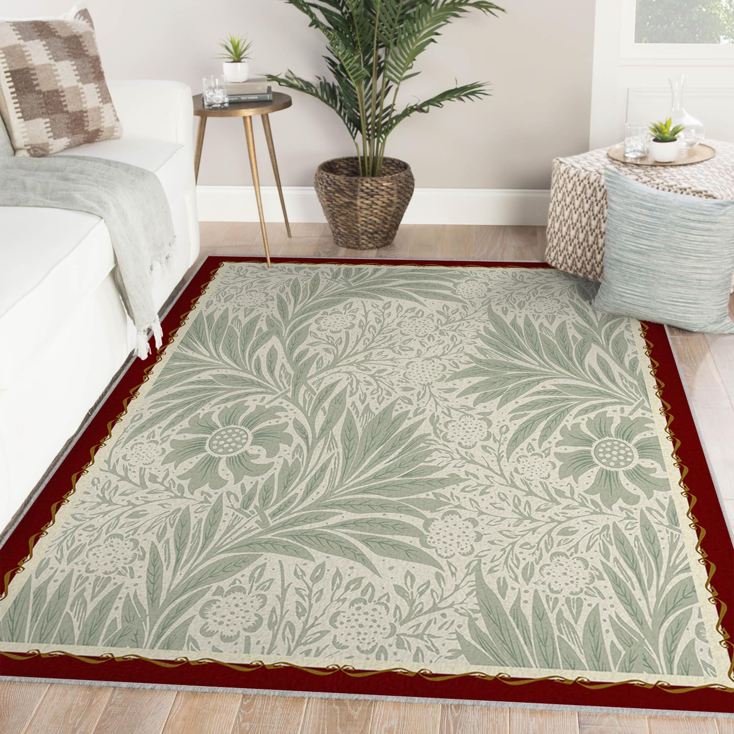 Tapis de Salon 200x300 Tapis Vert Sauge Dossier antidérapant Lavable pour Chambre Salle Manger Bureau Domicile Chambre bébé intérieur Sol Fleur Plante rétro décoration Salle Jeux