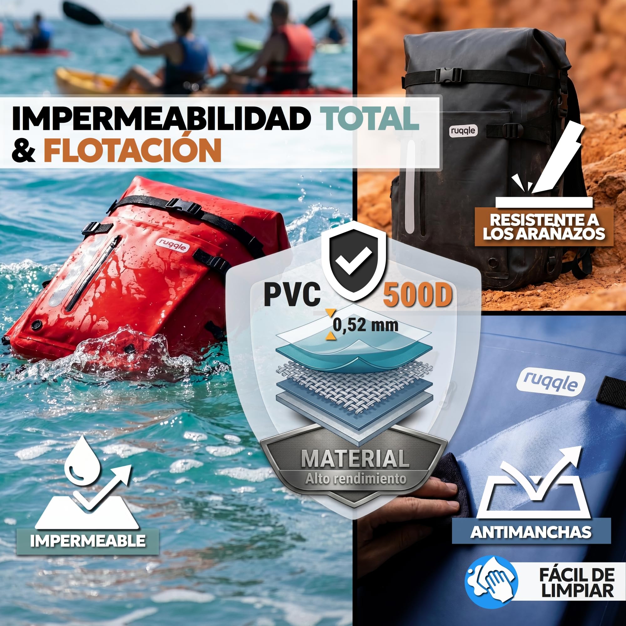 Ruqqle Bolsa Estanca Impermeable 20/30/45L, Mochila Seca Versátil con 3 Bolsillos Externos, Cómoda para Playa, Mar, Barco, Canoa, Paddle Surf, Kayak, Moto, Senderismo, Camping, Pesca, Viaje y Ocio