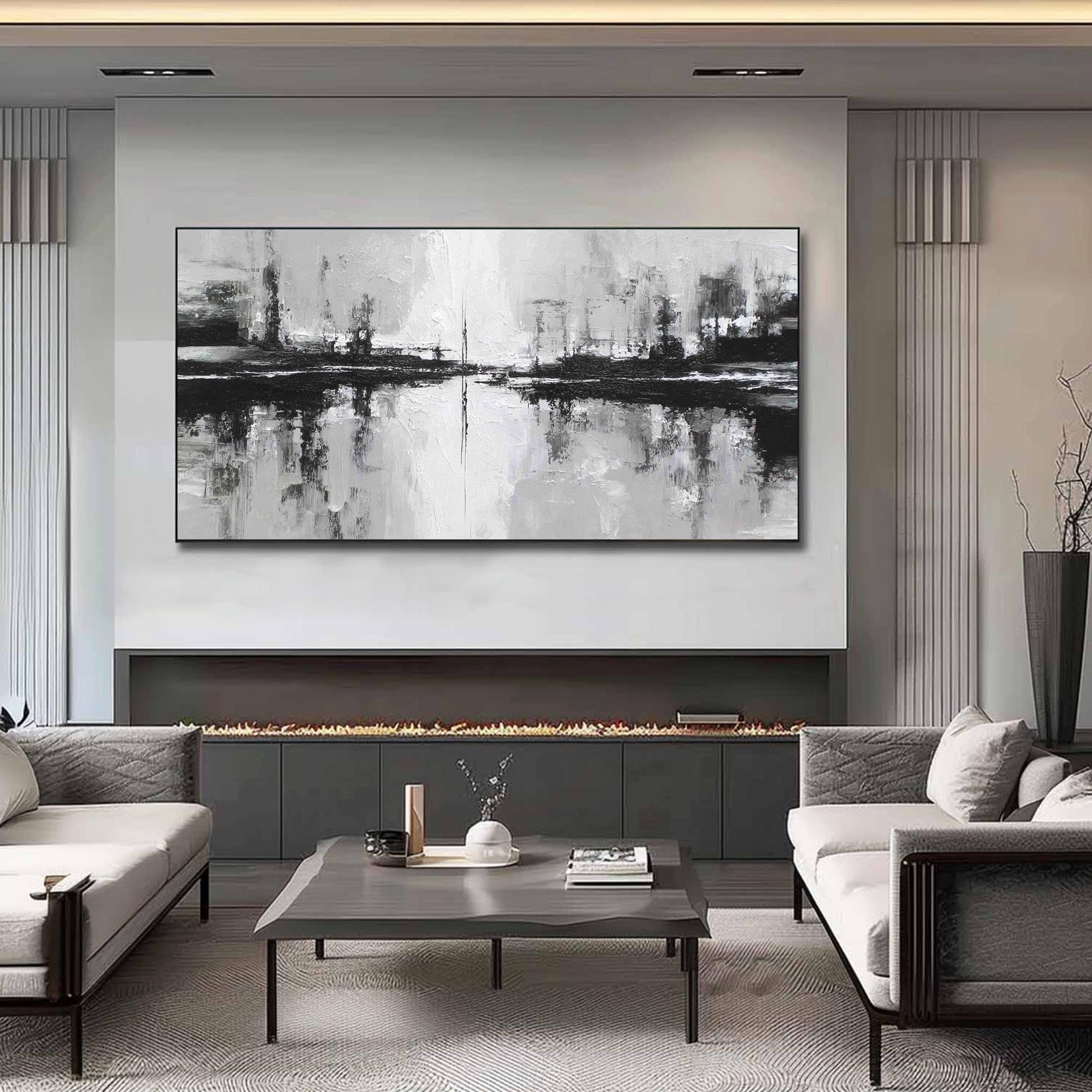 UUDEZO Czarno-białe obrazy na płótnie ze strukturą, abstrakcyjne obrazy olejne jako dekoracja ścienna (55 x 110 cm)