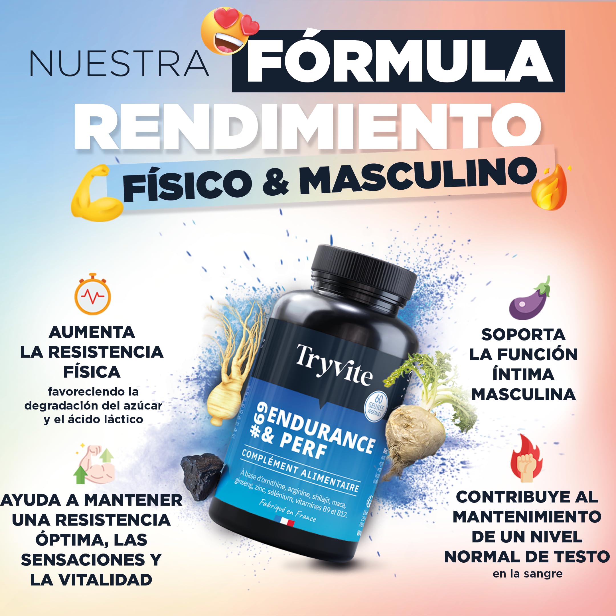 TESTOSTERONA HOMBRE | 60 Cápsulas Para Circulación Sanguínea | Booster de Fuerza Resistencia Energía | Ginseng, Maca, shilajit, Arginina, Citrulina, Zinc | TRYVITE ENDURANCE&PERF