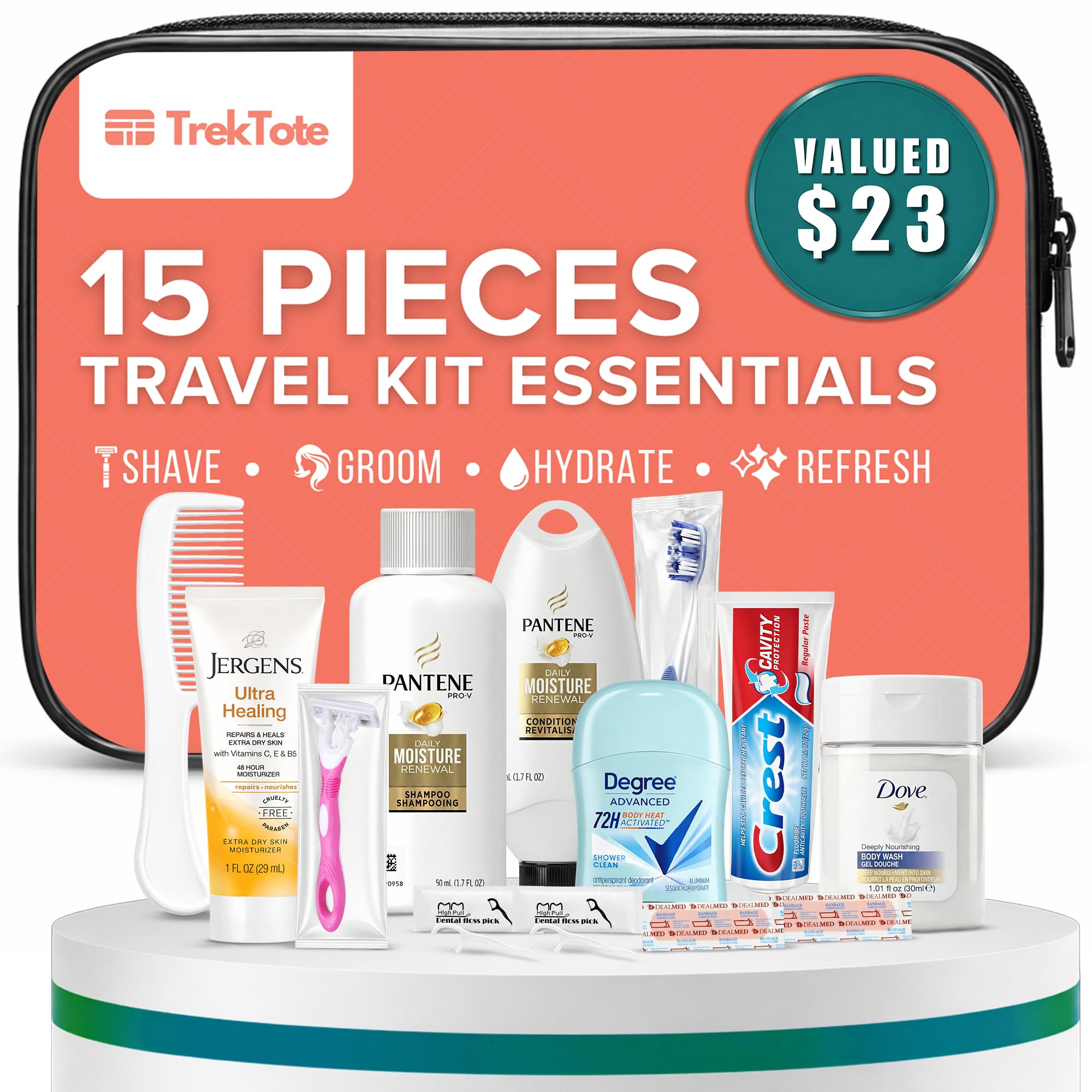 TrekTote 15 Piece Set Women’s Travel & Hygiene Kit with Clear Toiletry Bag, Personal Care Essentials, Single Kit or Bulk Case Packs