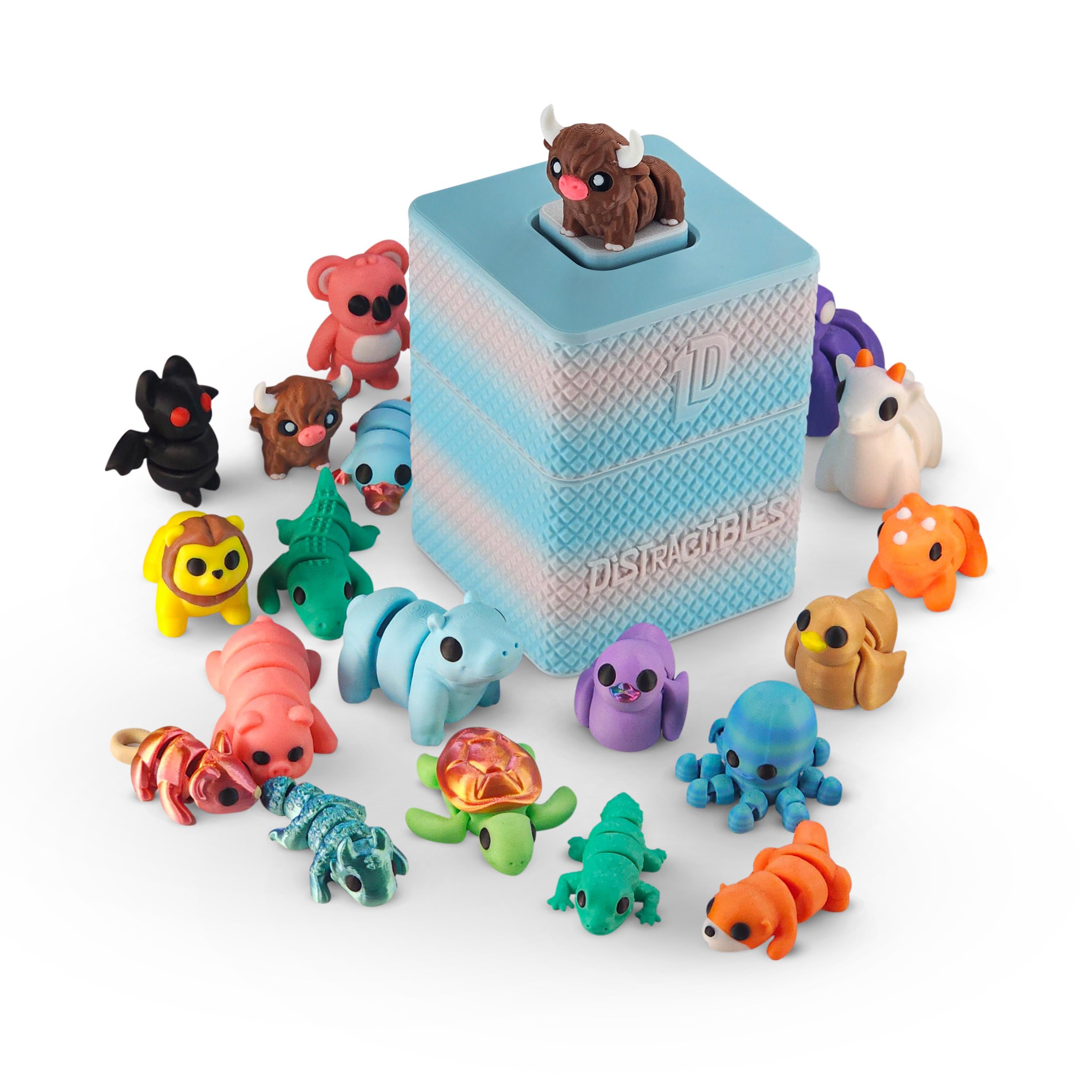 Distractibles Mystery Fidget Sensory Animal Pack, 10 Articulated 3D Printed Animals + Bonus Fidget Clicker & Sensory Clicker Box, Random Colors (