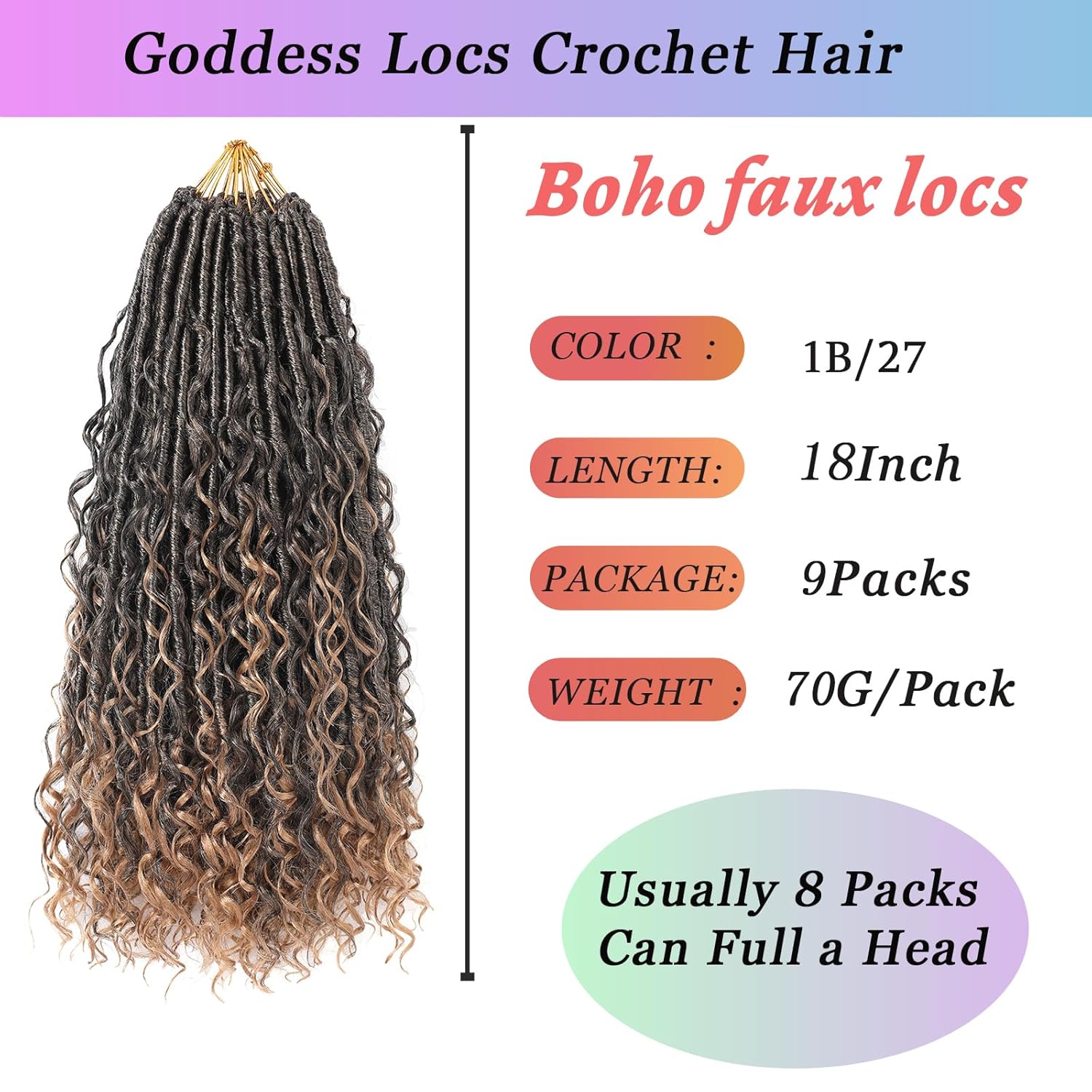 9 Packs Boho Faux Locs Crochet Hair 18Inch Goddess Locs with Curly Ends Long Bohemian River Pre Looped Boho Soft Locs Crochet Hair for Black Women (18Inch,1B/27)